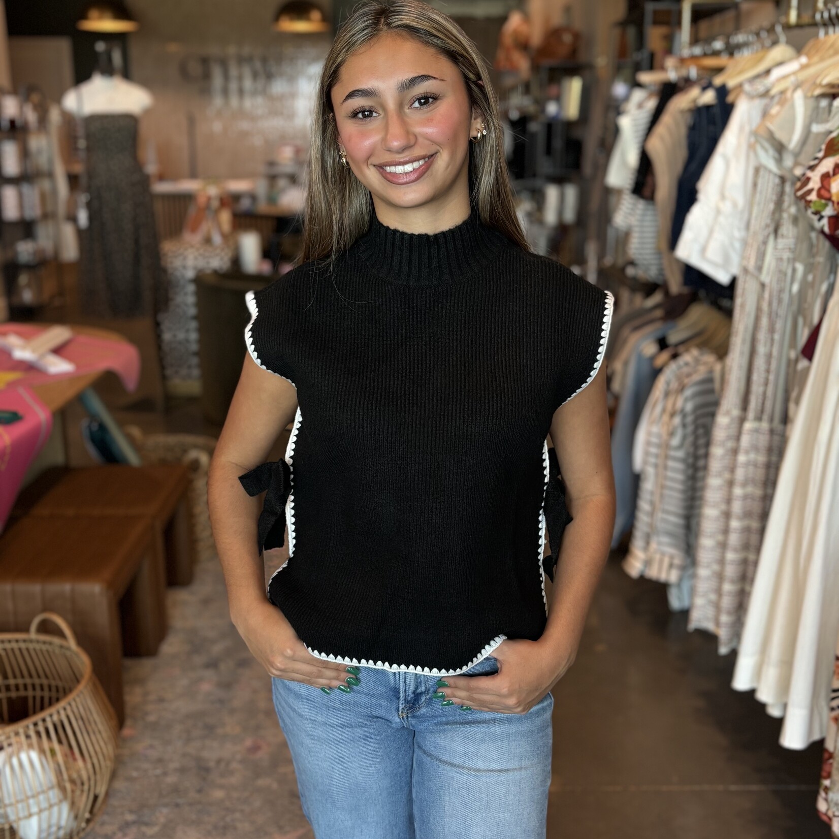 Contrast Stitch Tie Detail Sweater Vest