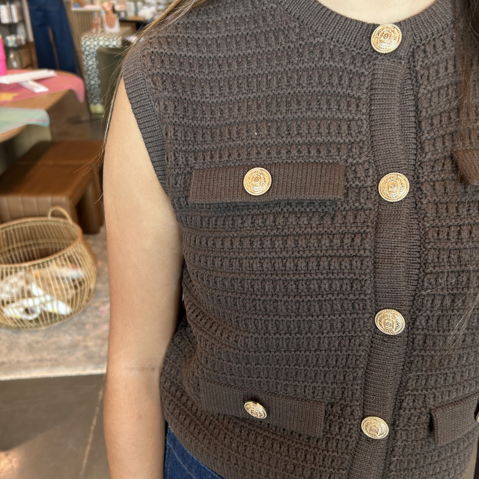 Knit Sweater Vest w/ Gold Buttons