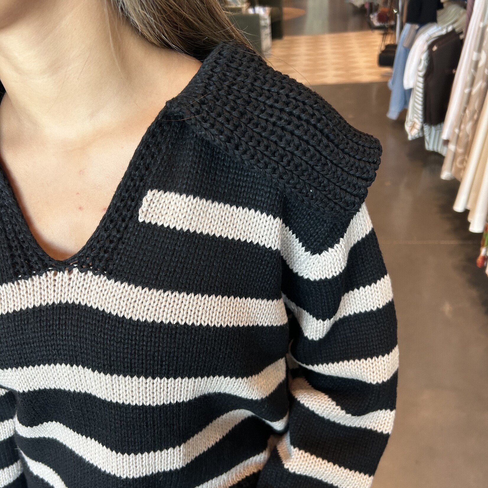 Oversized Collar Stripe V-Neck Sweater