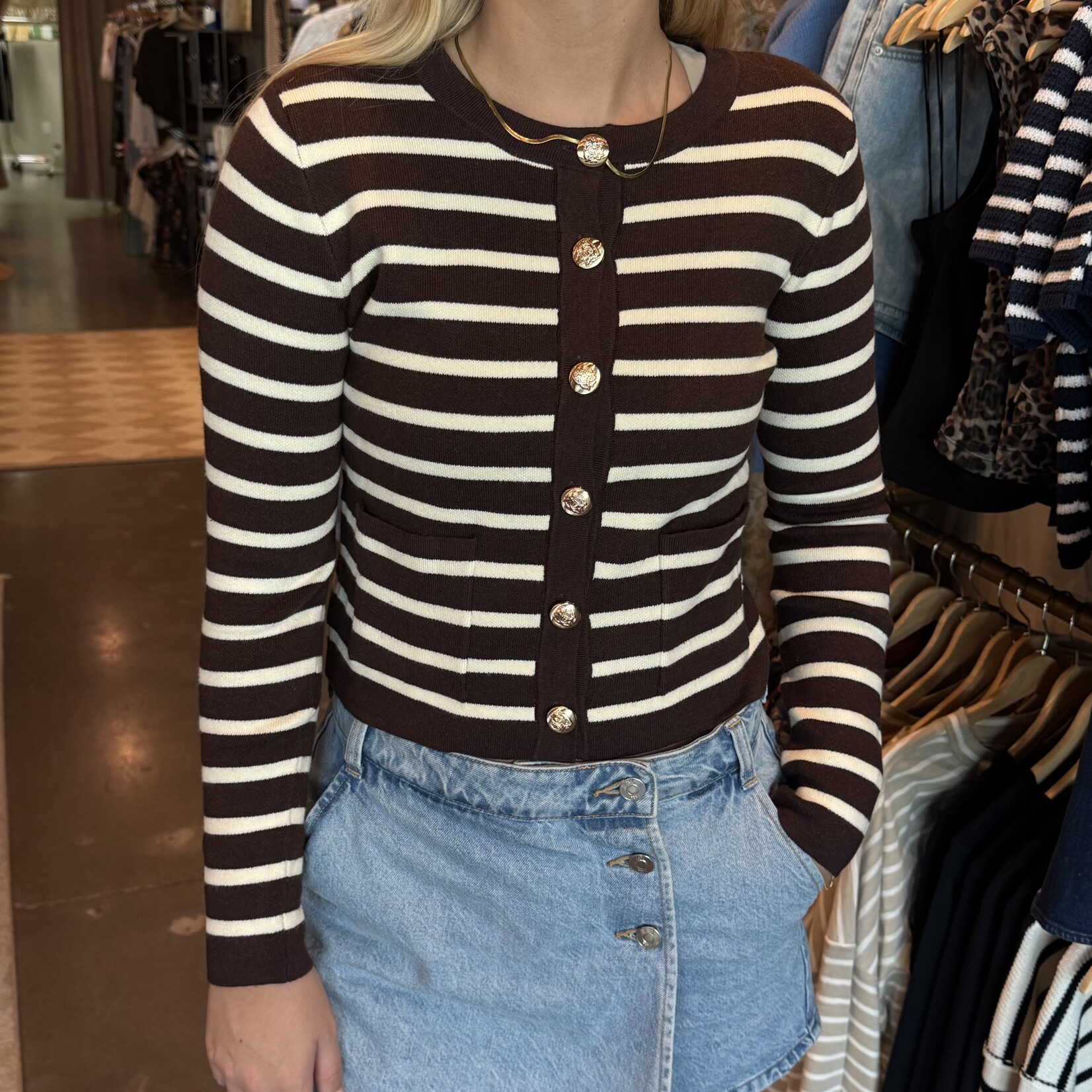 Striped Button Down Pocket Detail Cardigan