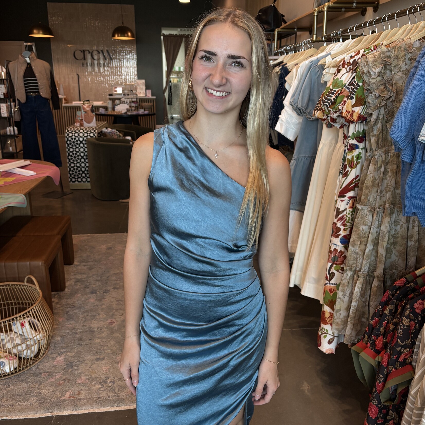 One Shoulder Ruched Detail Satin Midi Dress