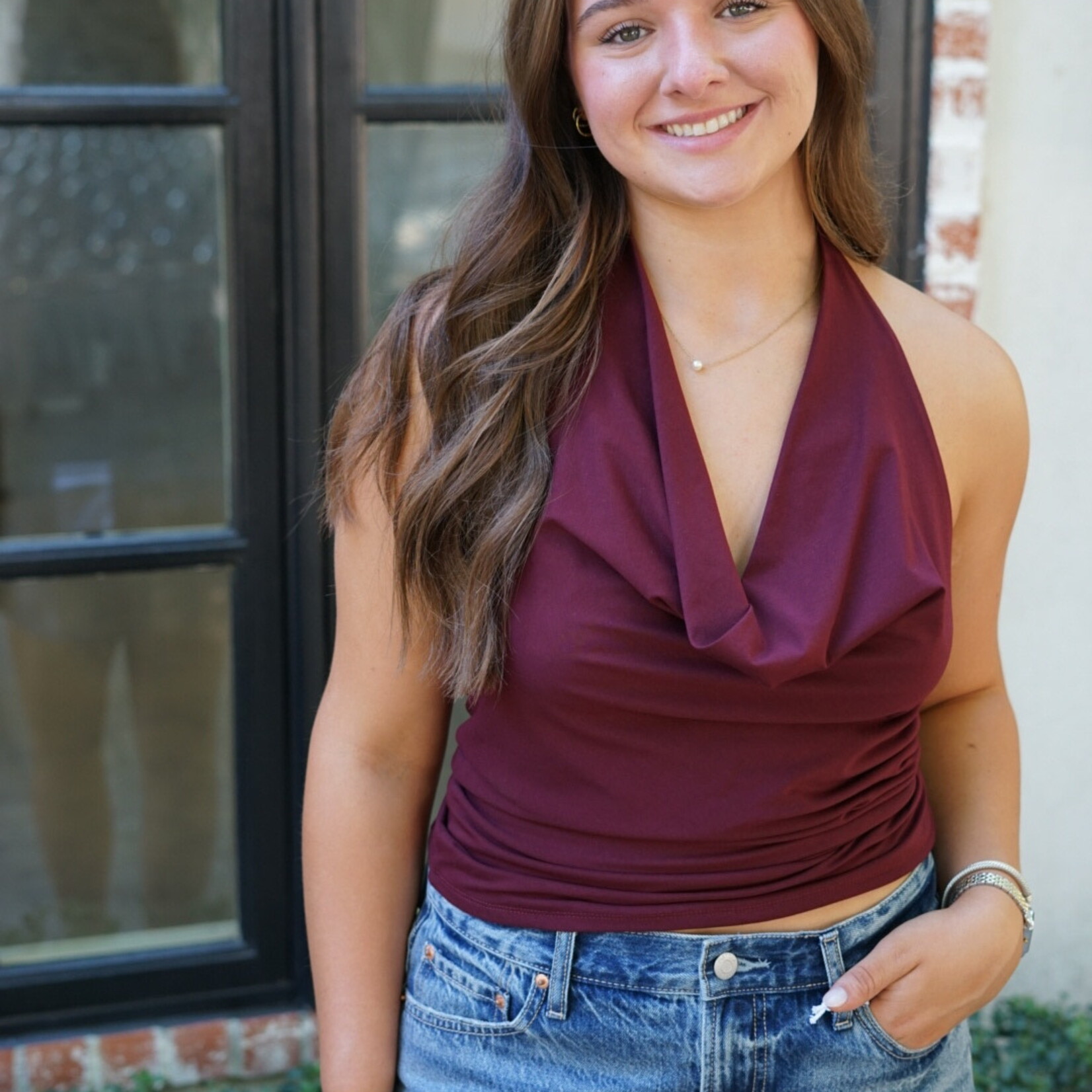 Le Lis Cowl Neck Ruched Halter Top