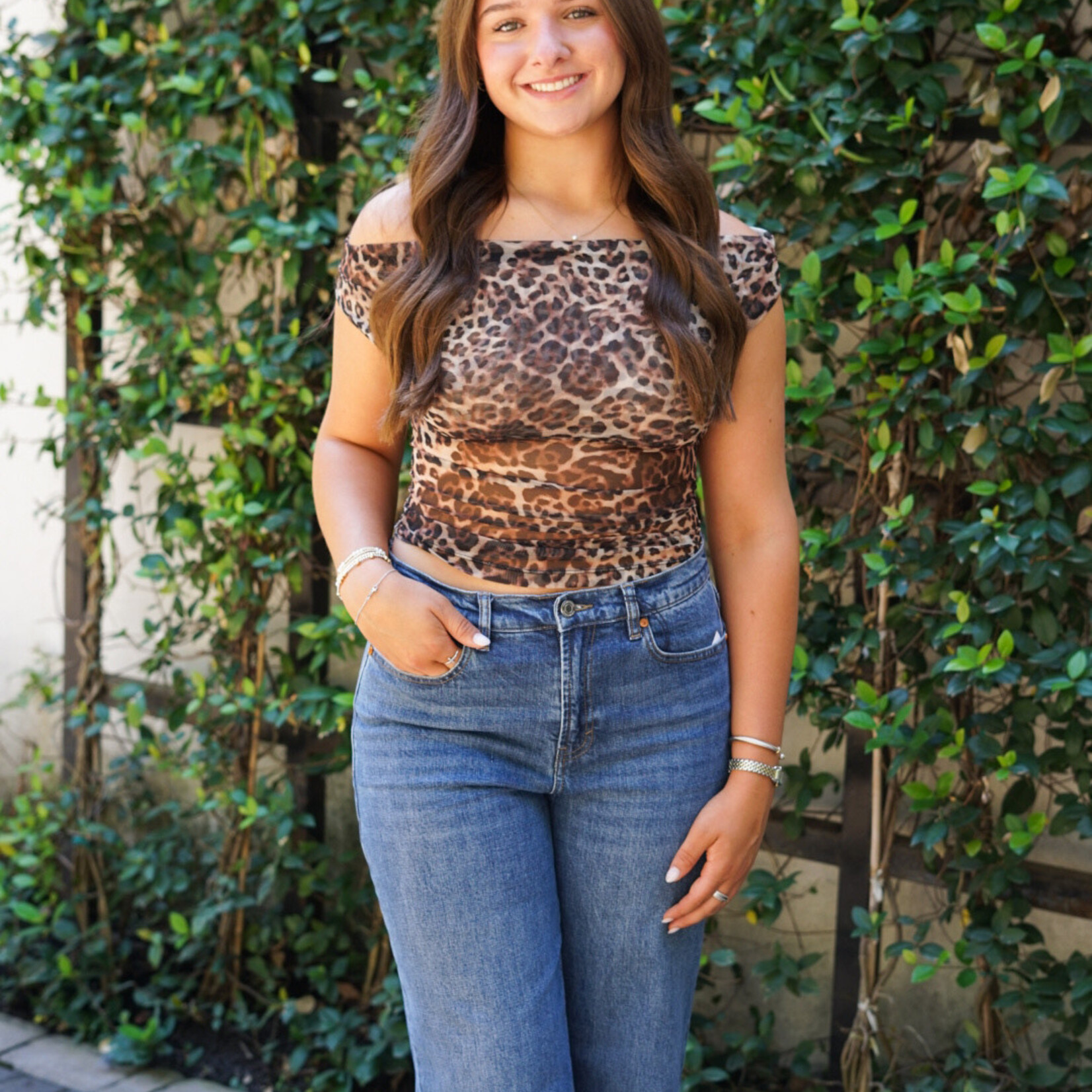 Off Shoulder Mesh Animal Print Top