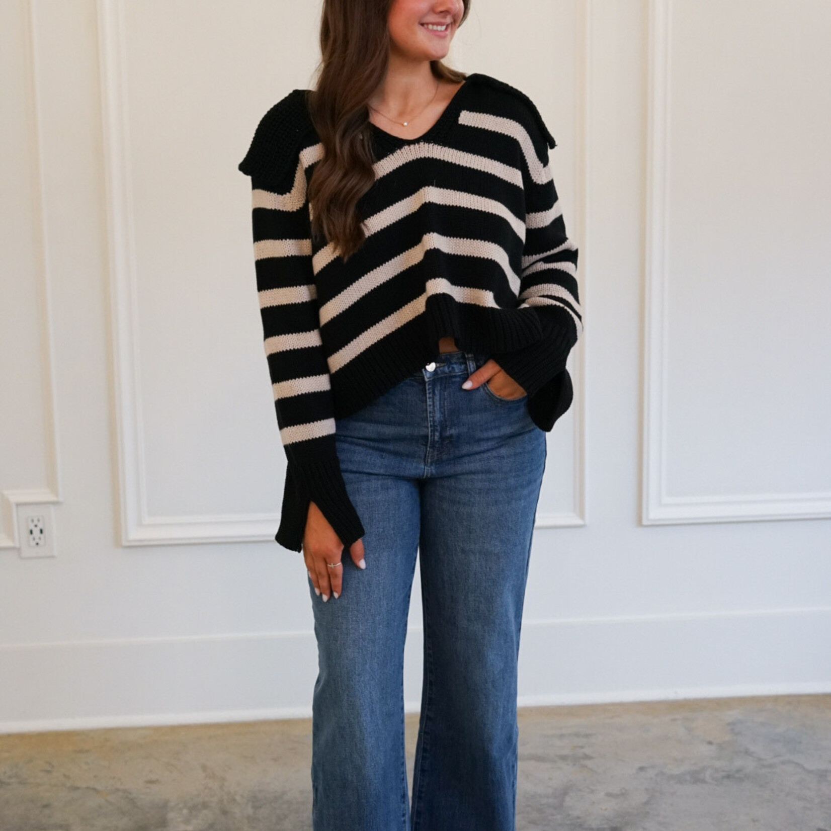 Oversized Collar Stripe V-Neck Sweater
