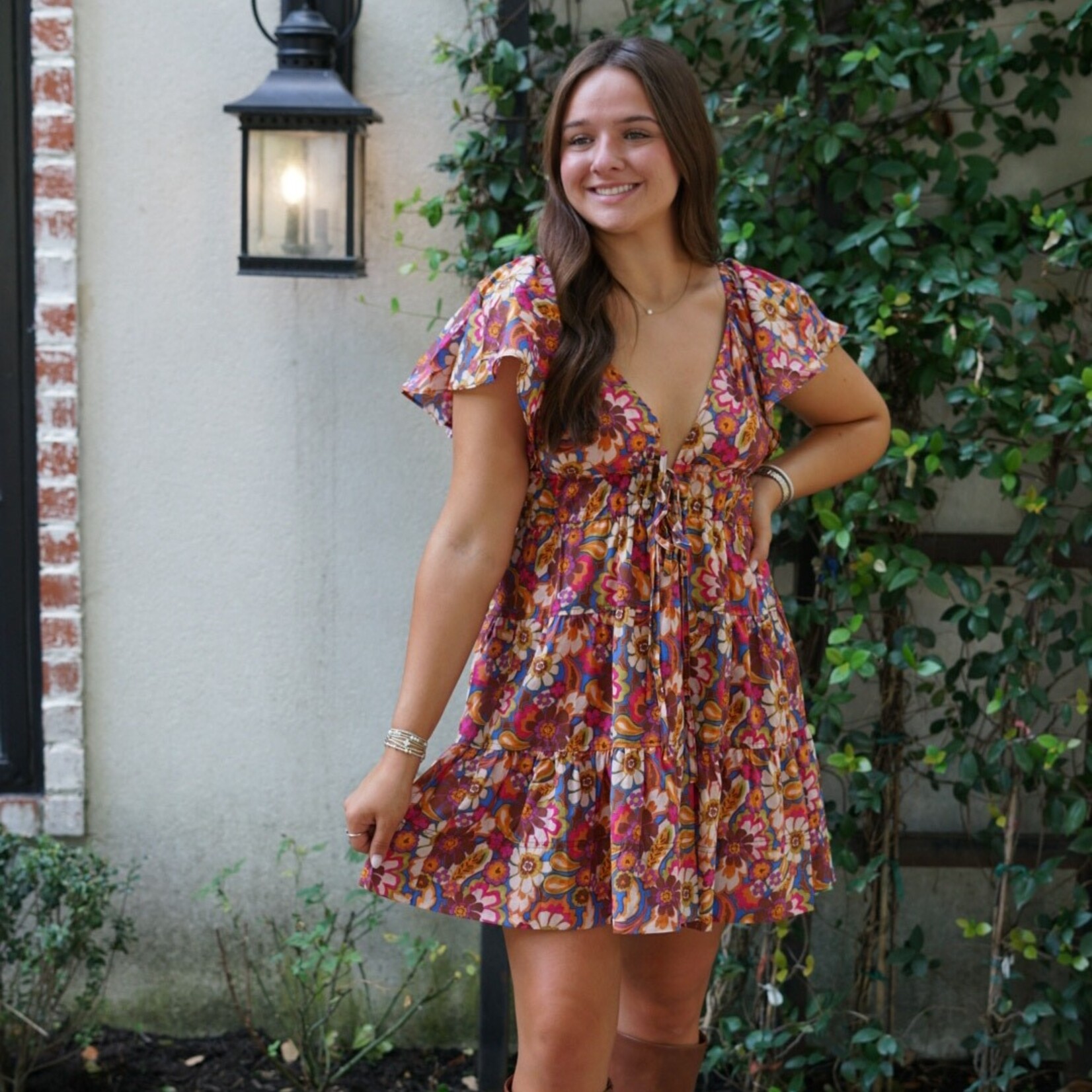 Floral Print Flutter Sleeve Mini Dress