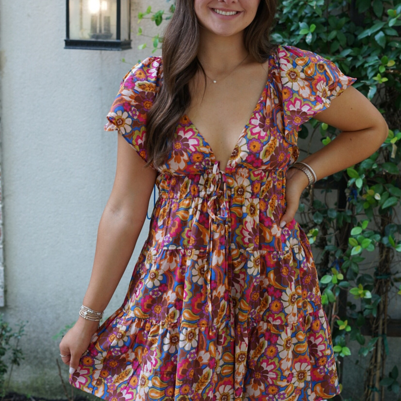 Floral Print Flutter Sleeve Mini Dress