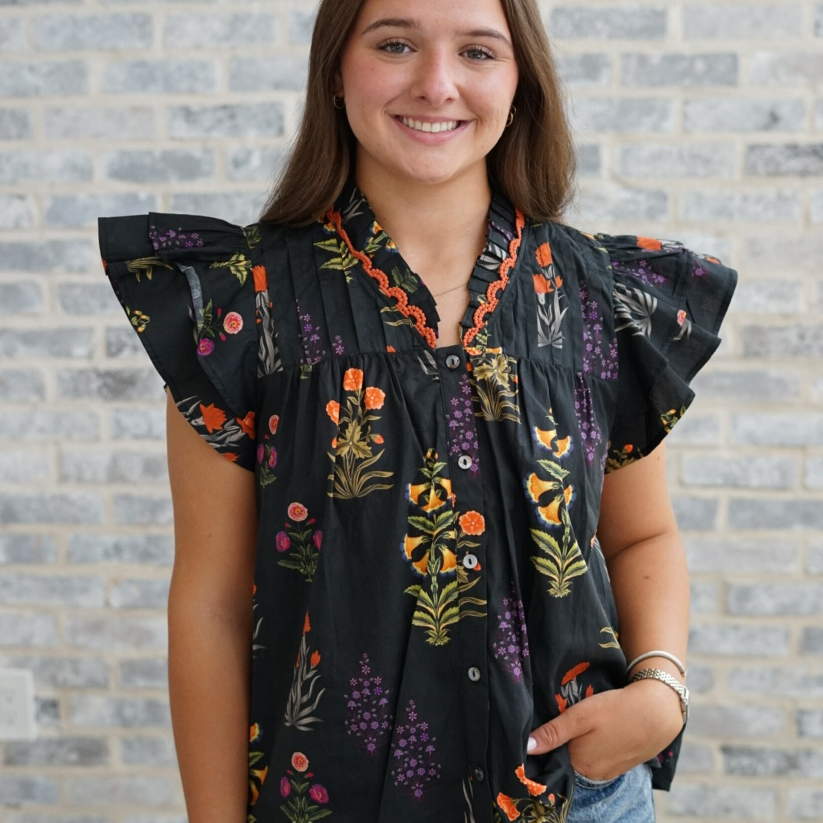 entro Ruffle Sleeve Button Down Floral Top