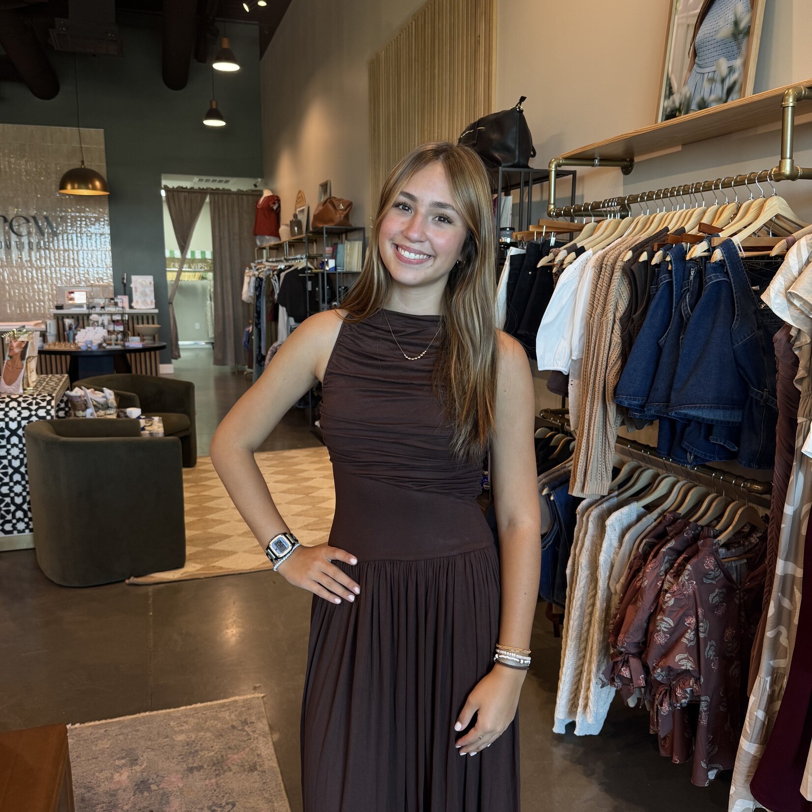 High Neck Drop Waist Maxi Dress