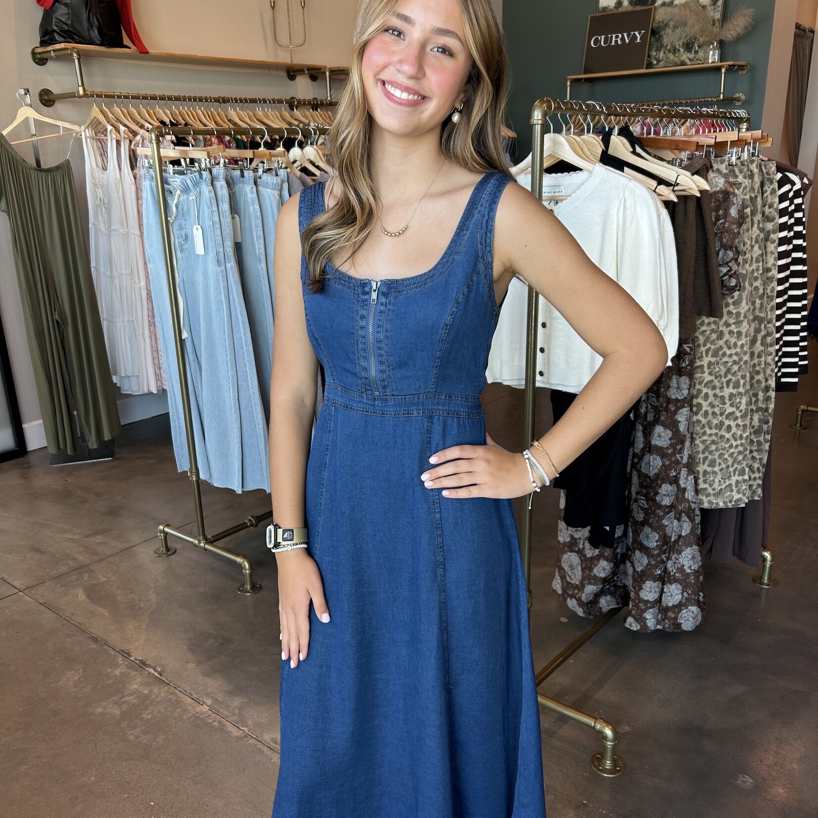 Front Zip Denim Midi Dress
