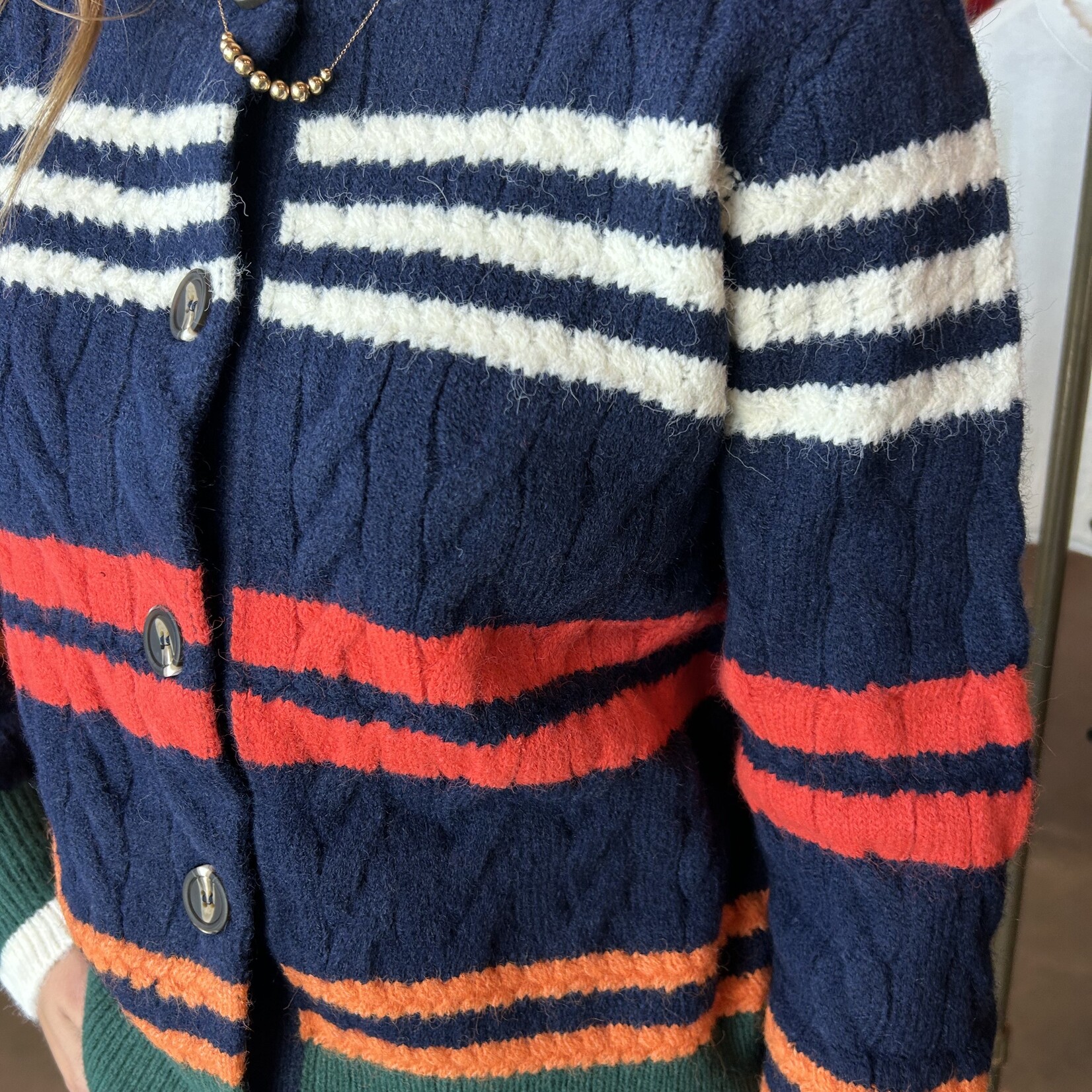 Cable Knit Striped Button Down Sweater