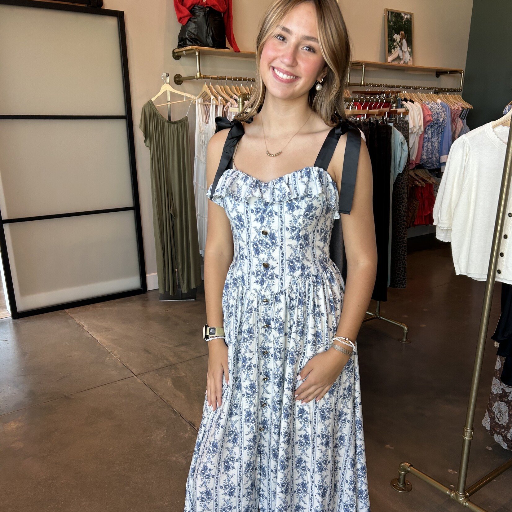 Floral Ruffle Detail Button Down Midi Dress