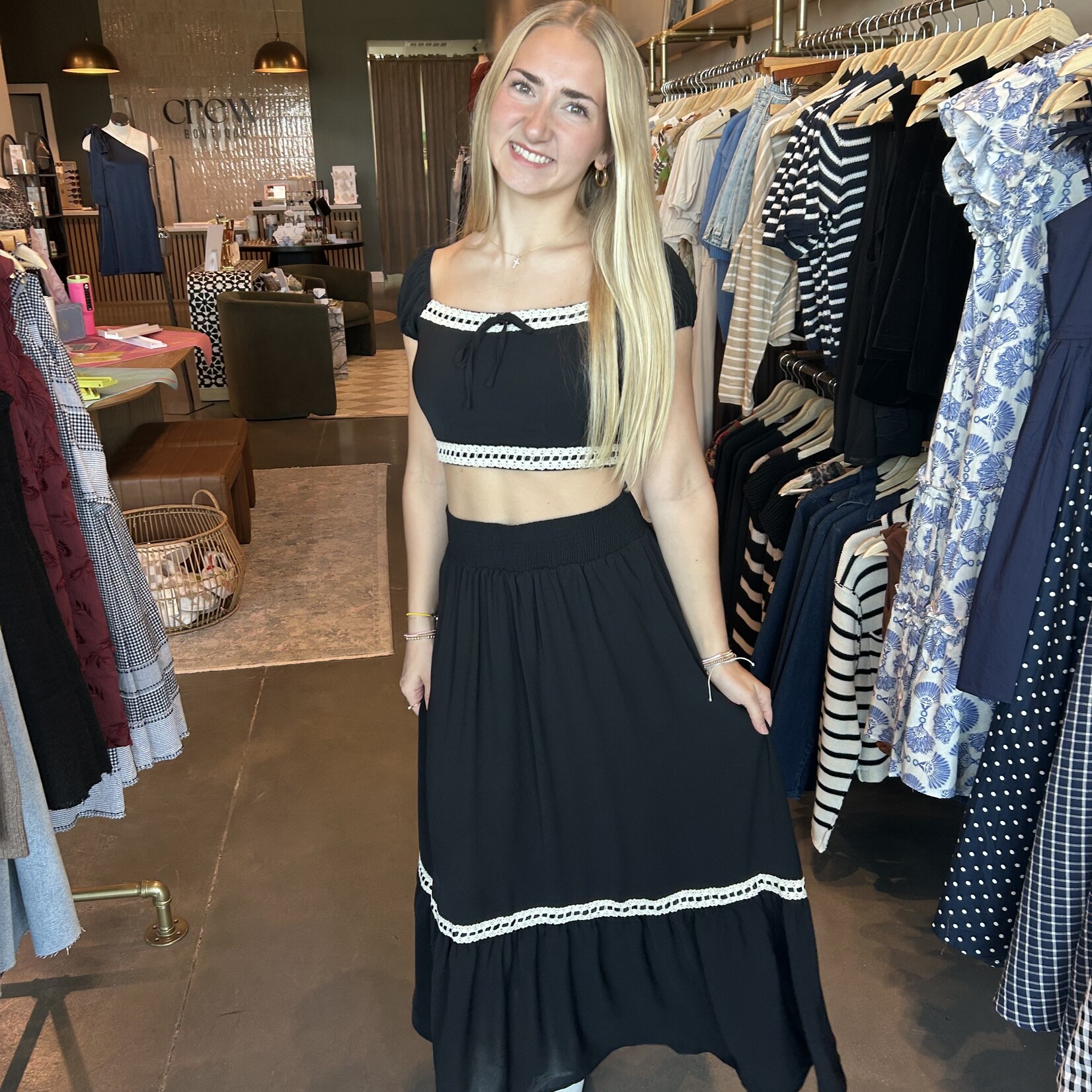 Contrast Lace Trim Maxi Skirt Set