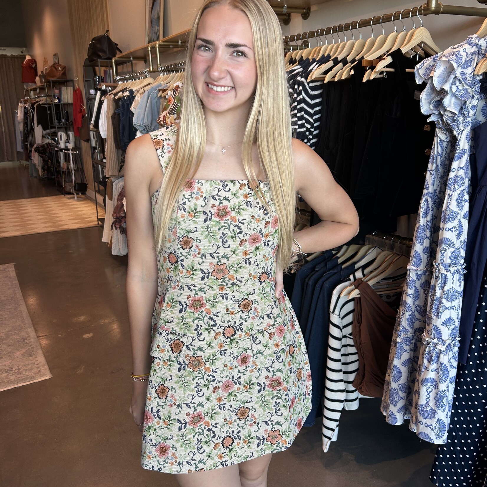 Floral Jacquard Pocket Detail Mini Dress