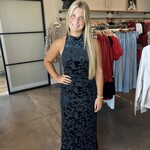 fore collection inc. Velvet Detail Ruched Waist Halter Maxi Dress