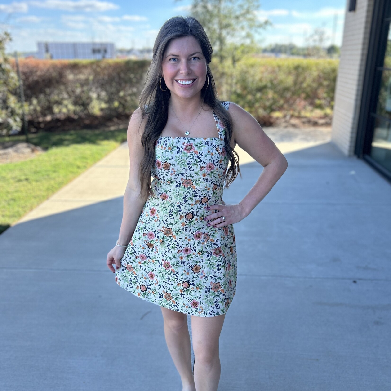 Floral Jacquard Pocket Detail Mini Dress