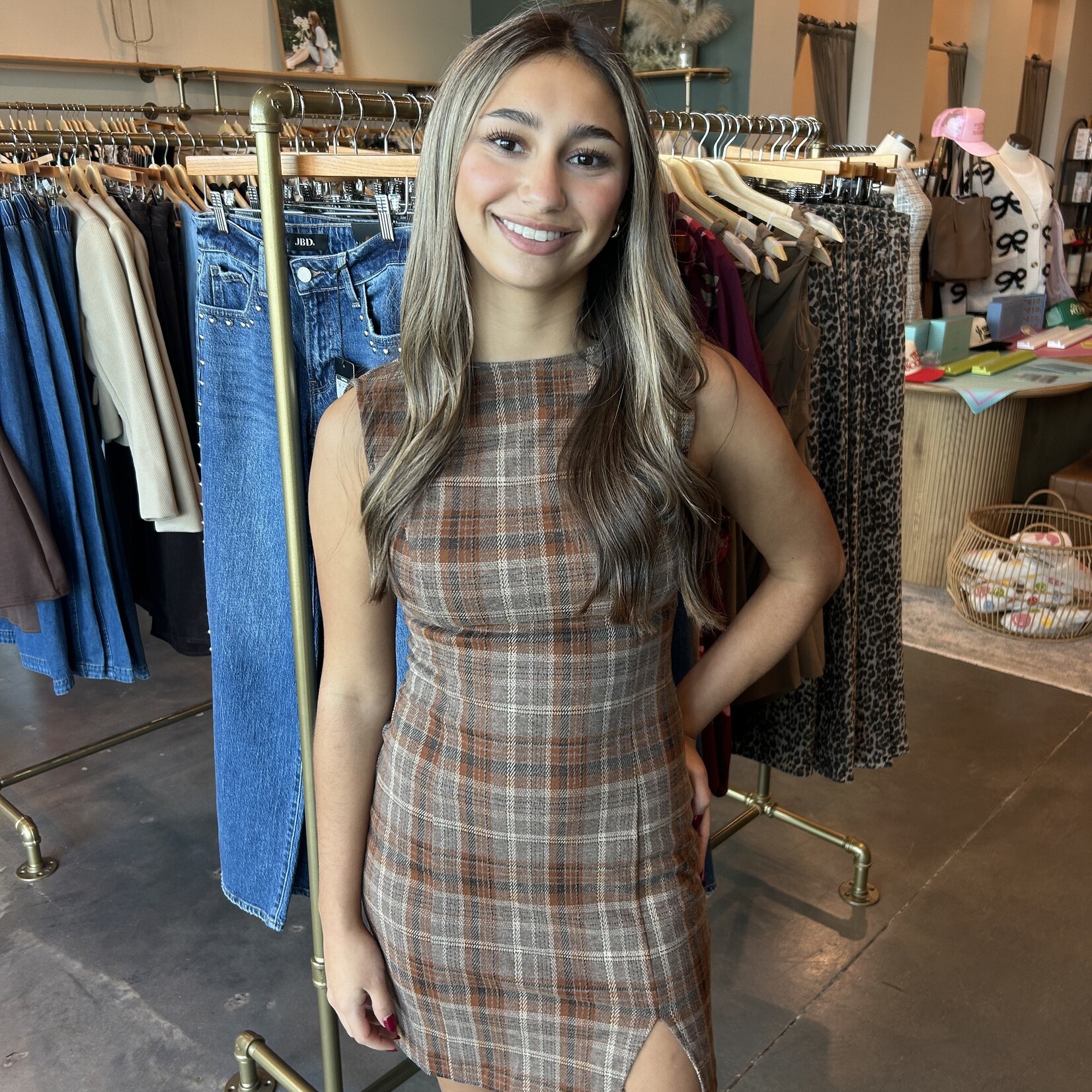 needii Low Back Plaid Mini Dress w/ Slit Detail