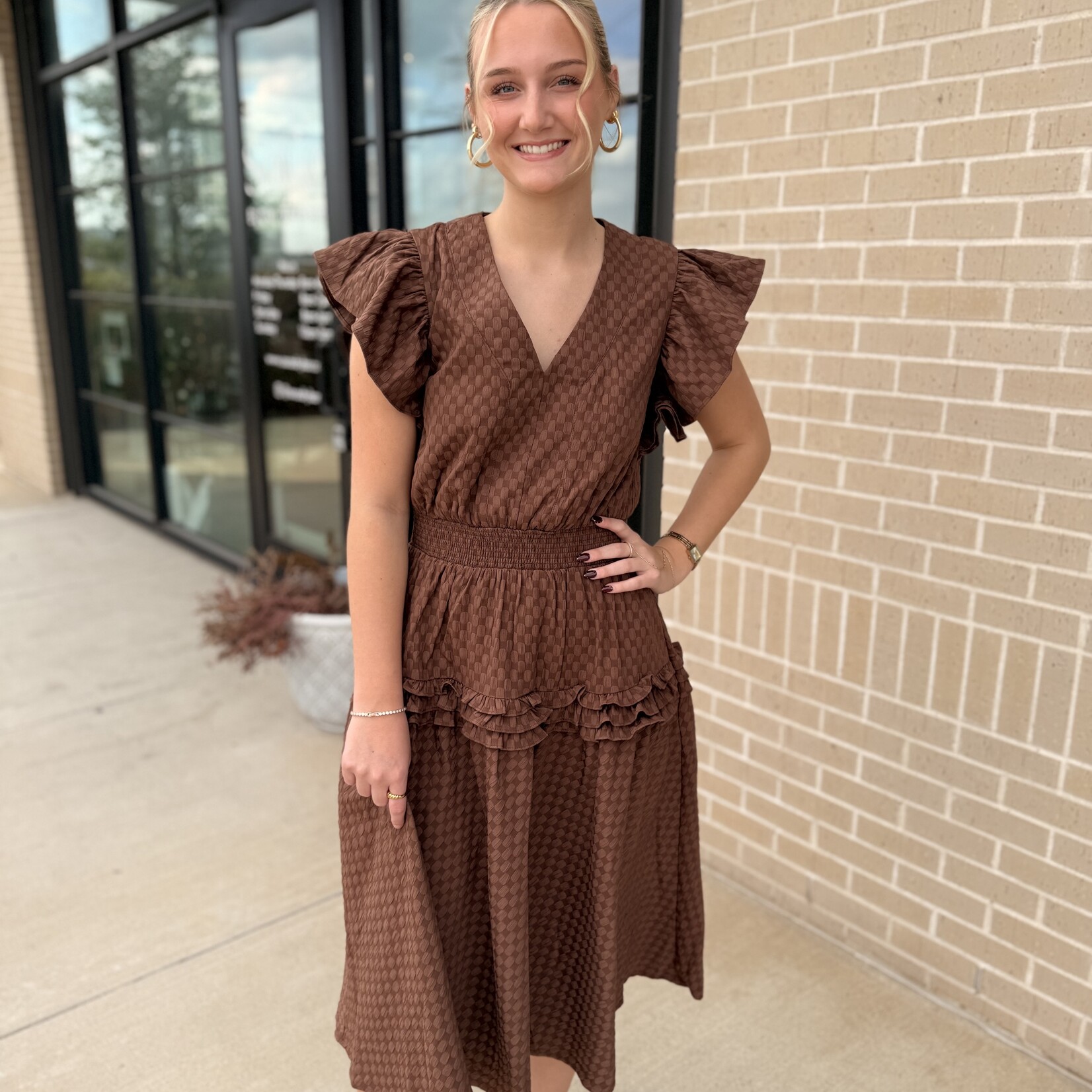 Textured Ruffle Detail Midi Dress