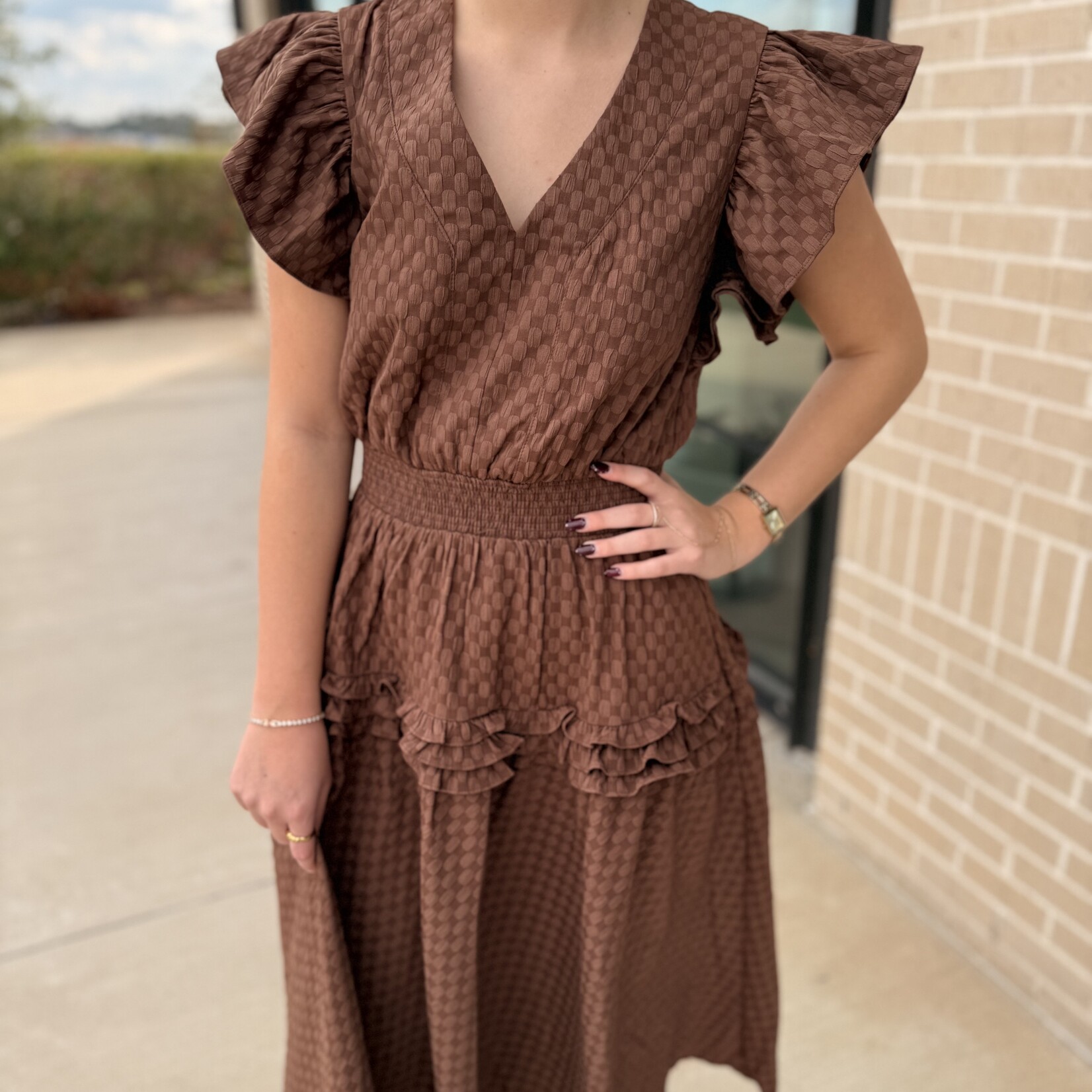 Textured Ruffle Detail Midi Dress