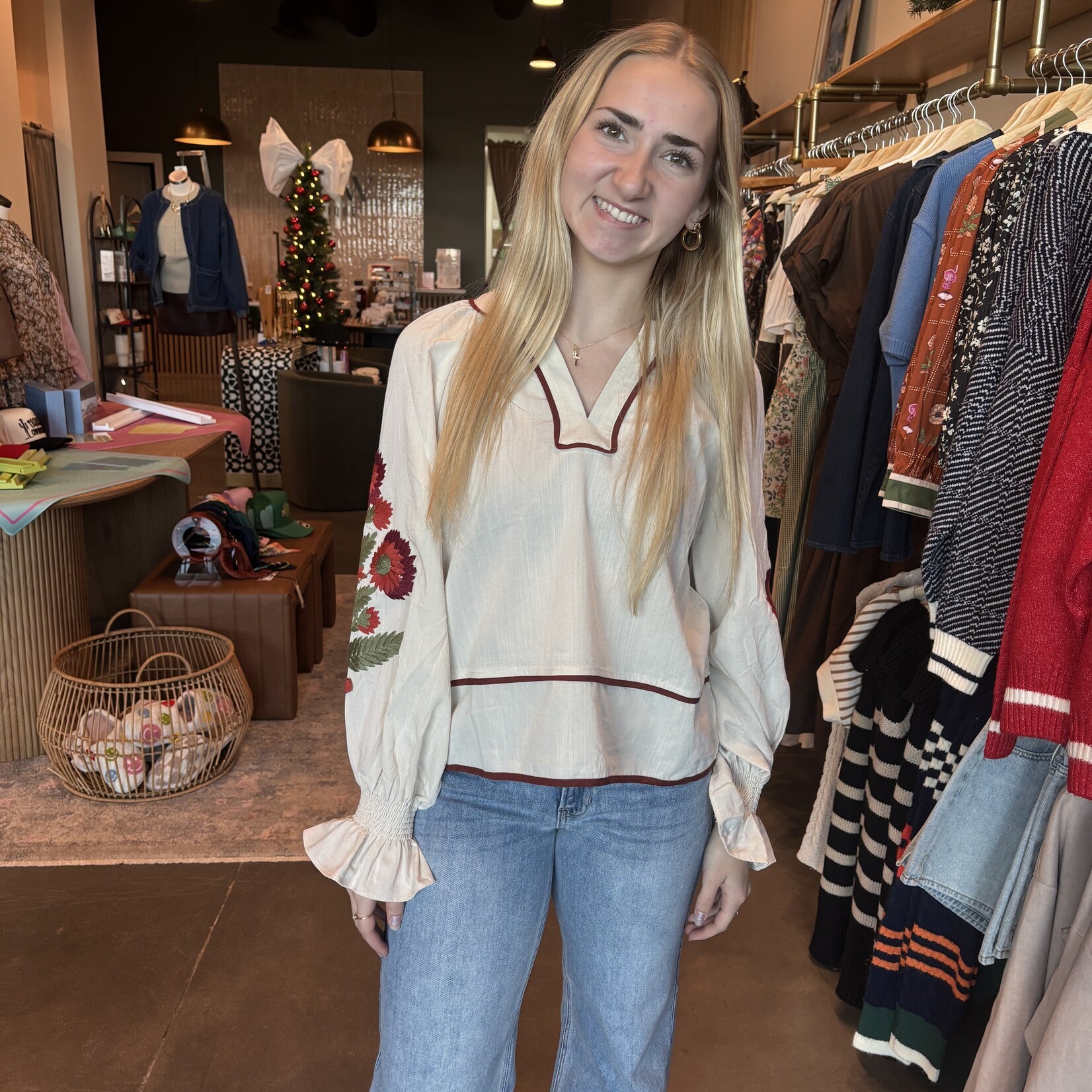 entro Embroidered Long Sleeve Blouse