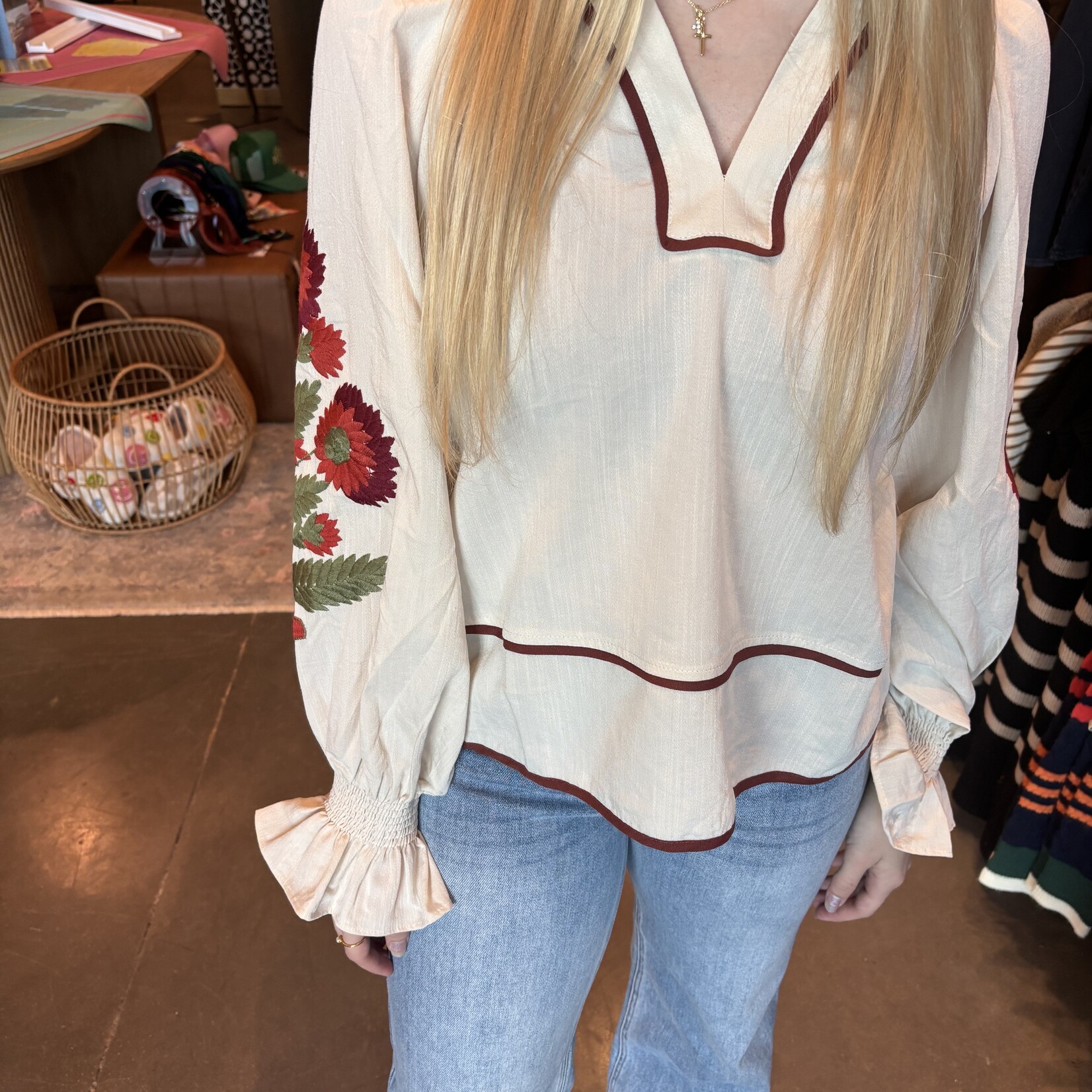 entro Embroidered Long Sleeve Blouse
