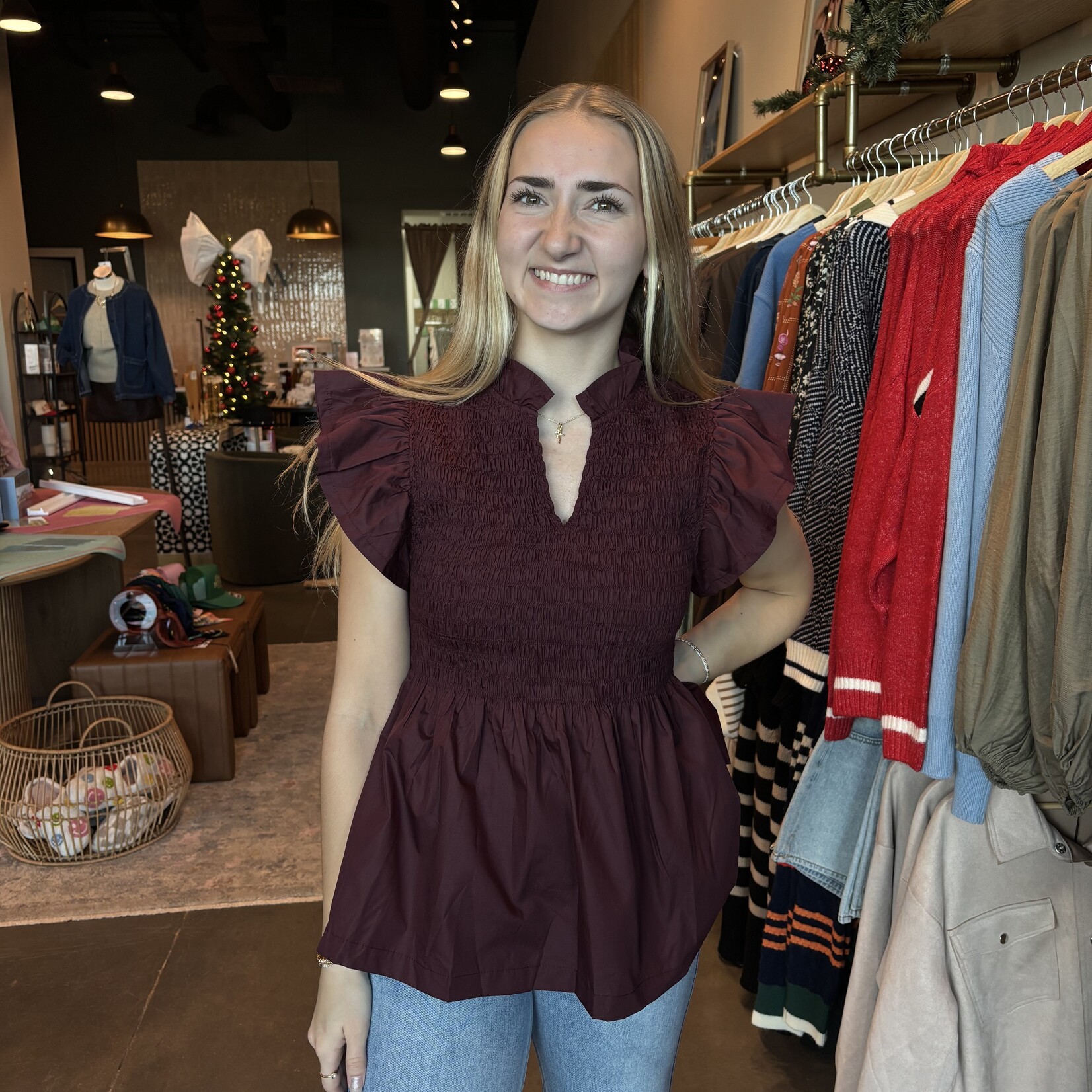 entro Flutter Sleeve Smocked Top