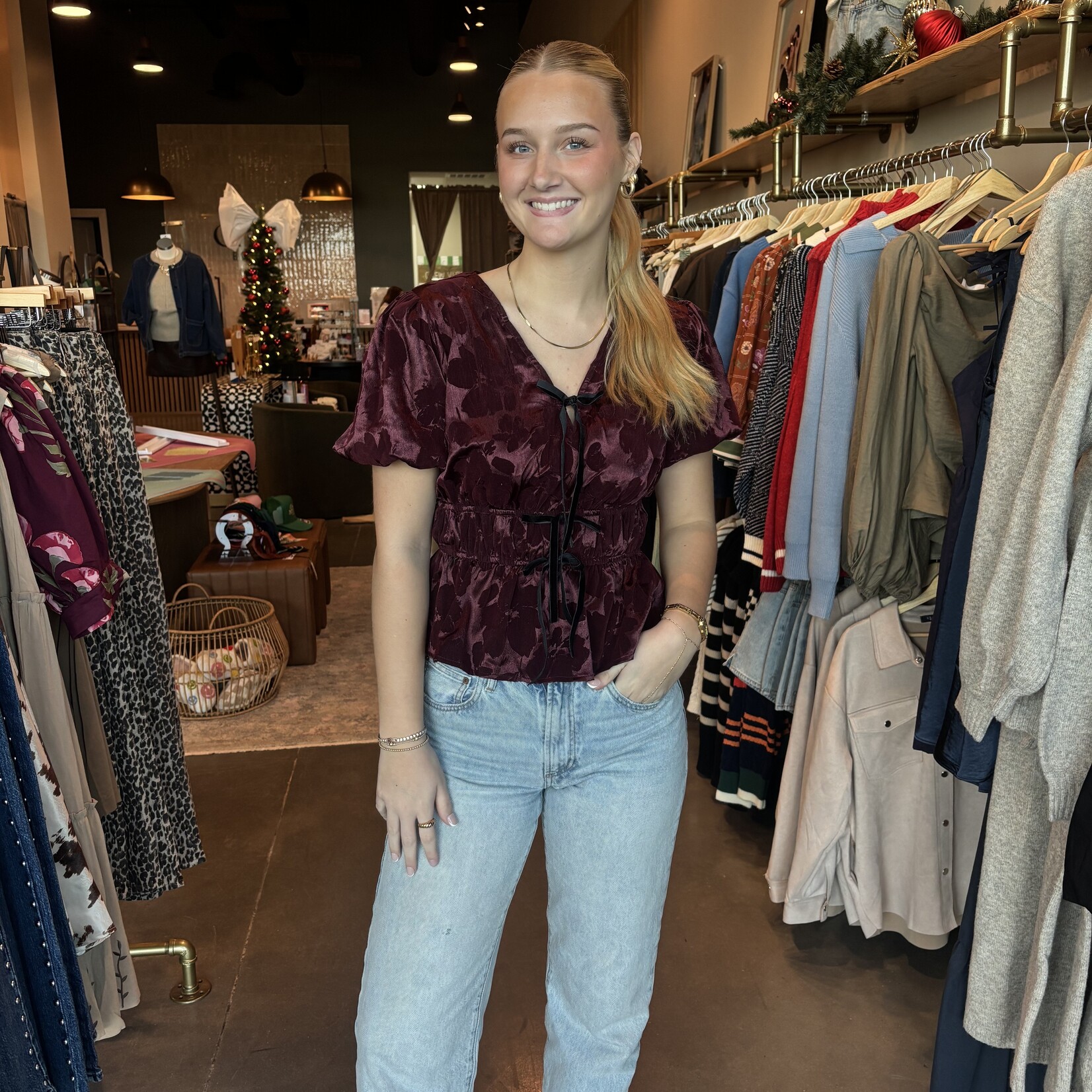 Velvet Print Bow Detail Top