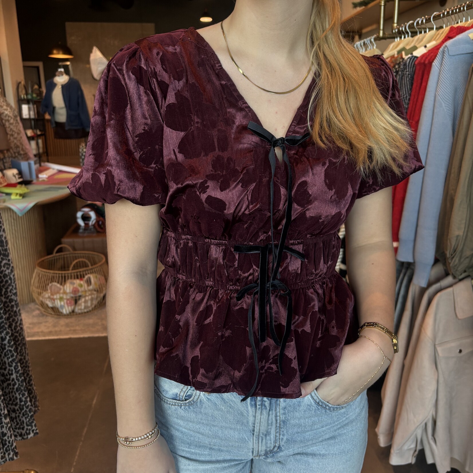 Velvet Print Bow Detail Top