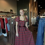 Plaid Puff Sleeve Velvet Trim Midi Dress