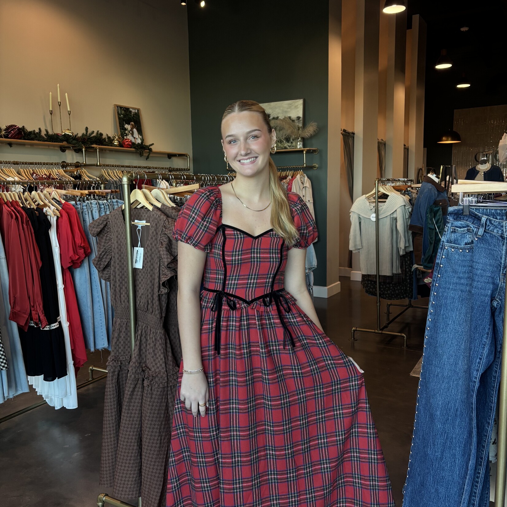 Plaid Puff Sleeve Velvet Trim Midi Dress