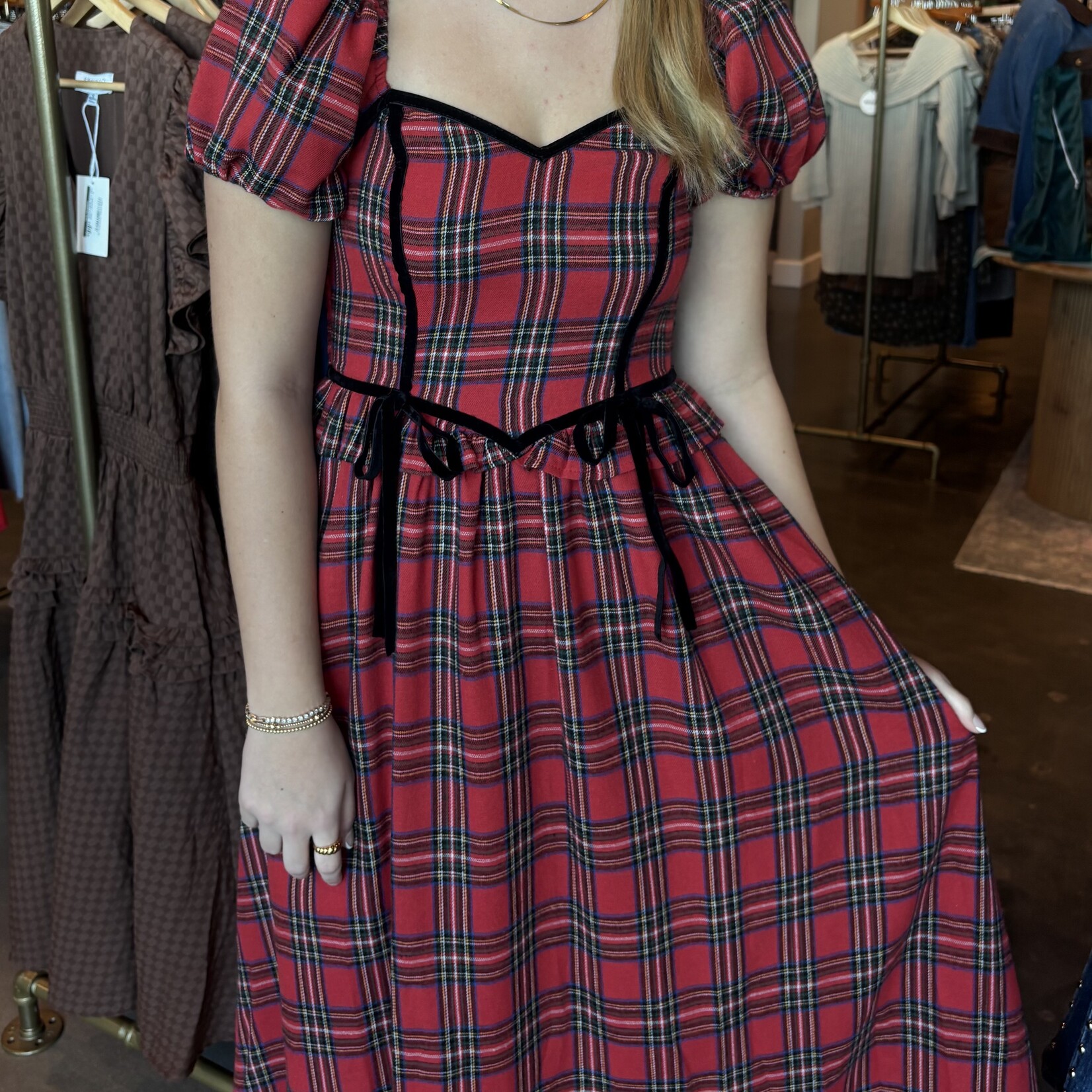 Plaid Puff Sleeve Velvet Trim Midi Dress