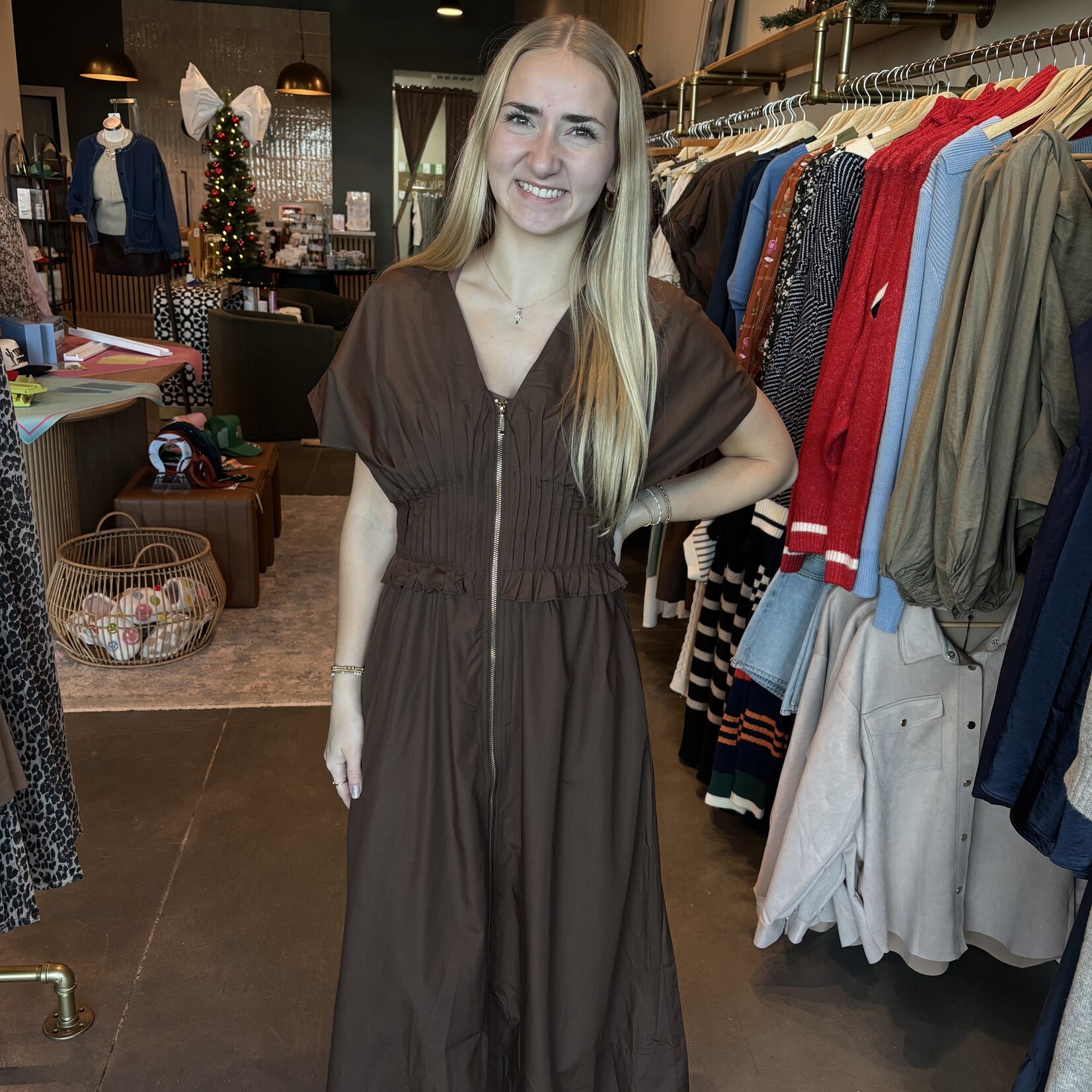 entro Puff Sleeve Zipper Detail Midi Dress