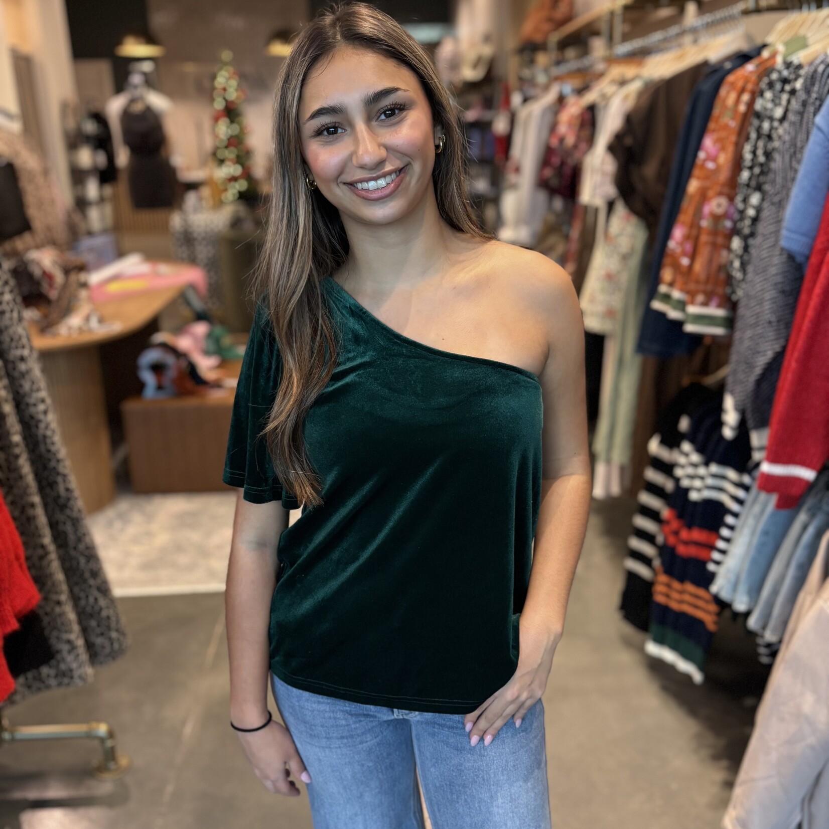 Green Velvet On-Shoulder Top
