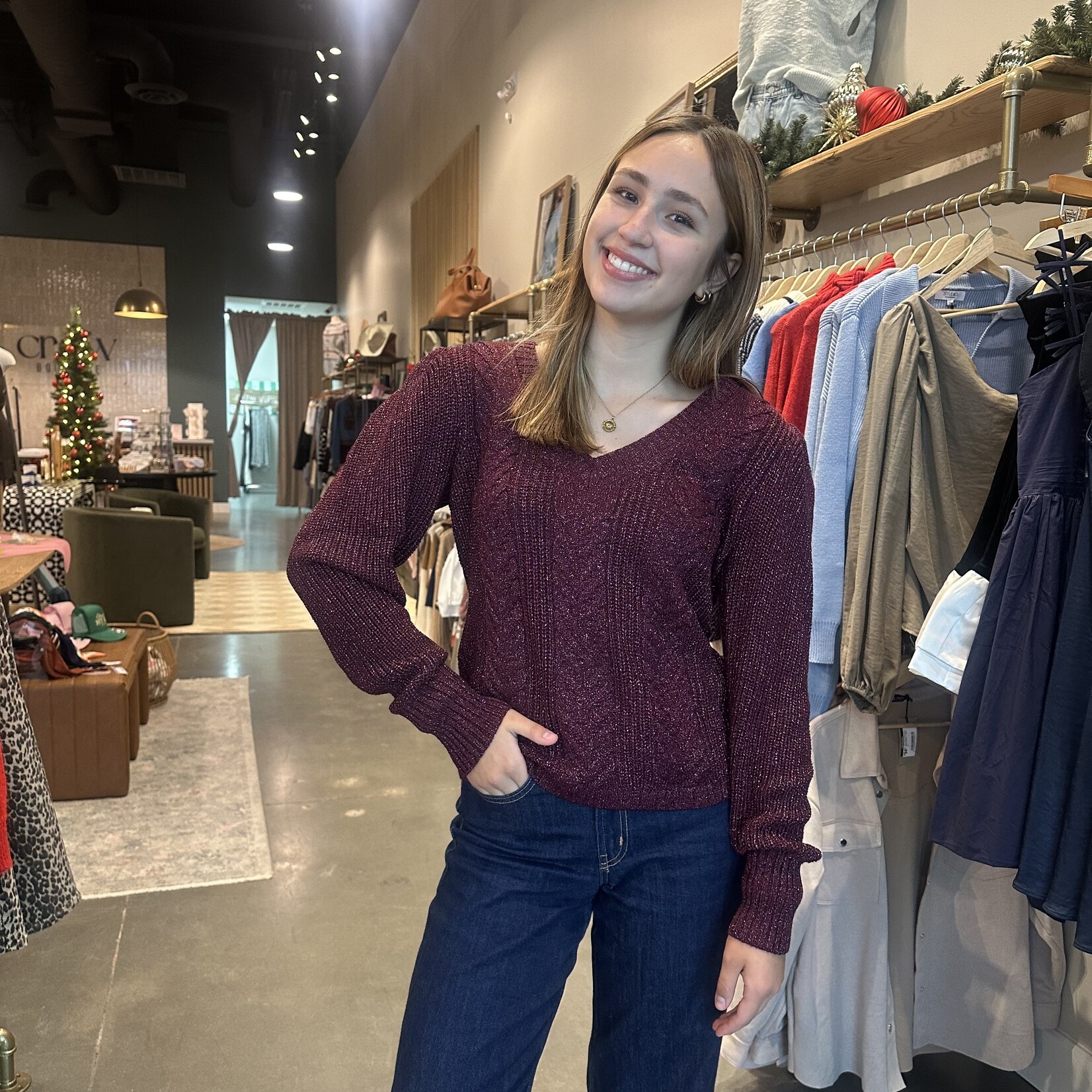 Tinsel Detail Cable Knit Sweater