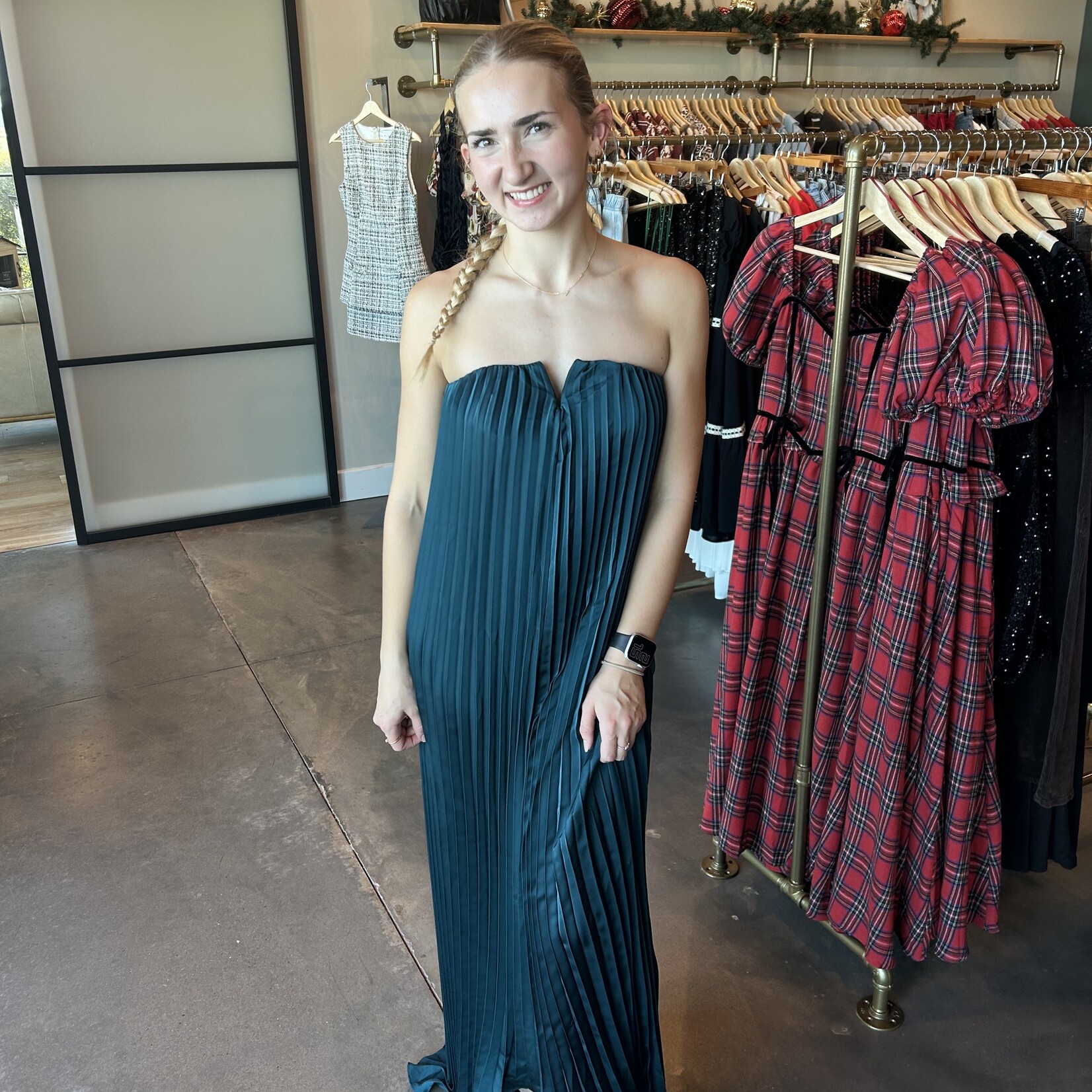 fore collection inc. Strapless Pleated Satin Maxi Dress