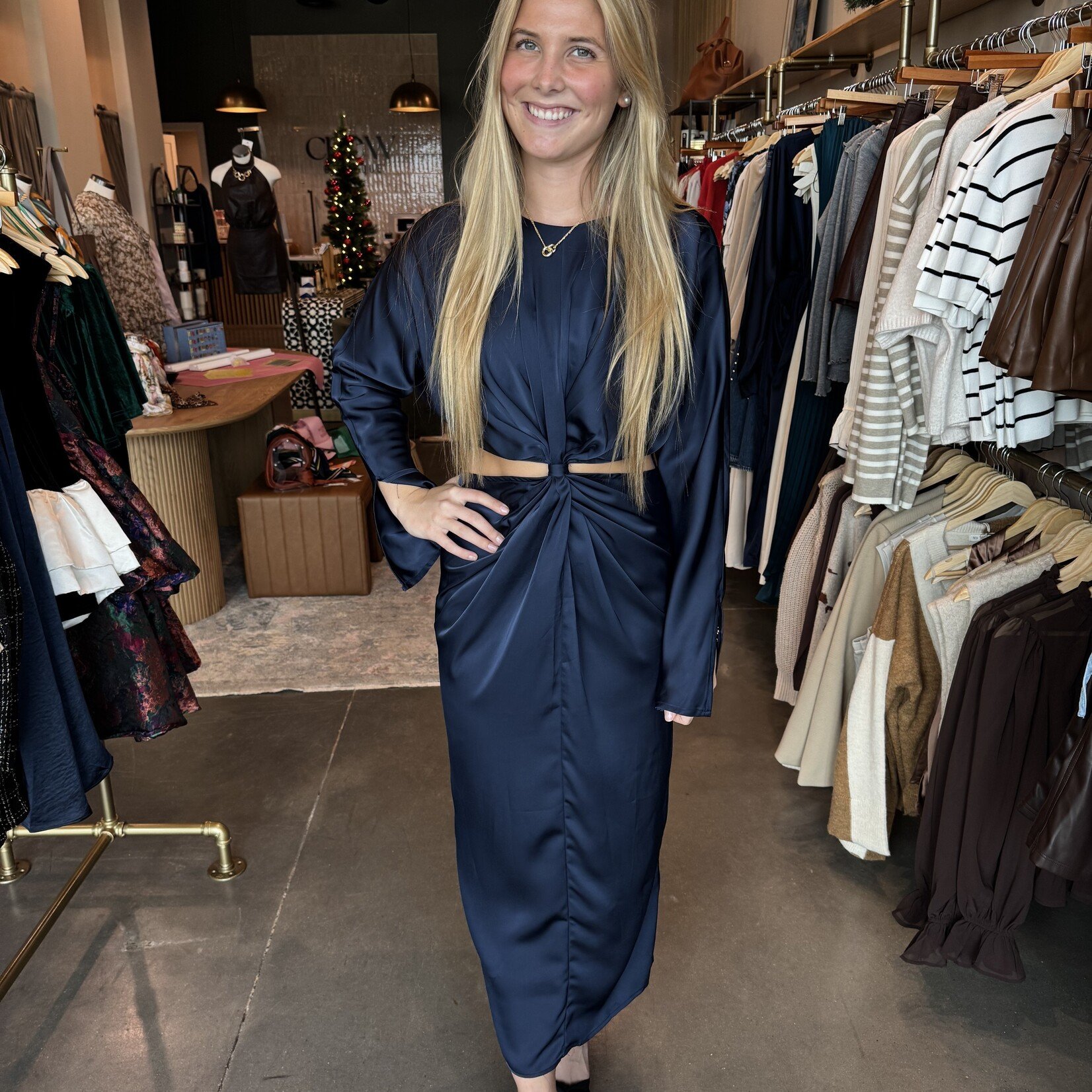 Satin Cutout Detail Dolman Sleeve Midi Dress