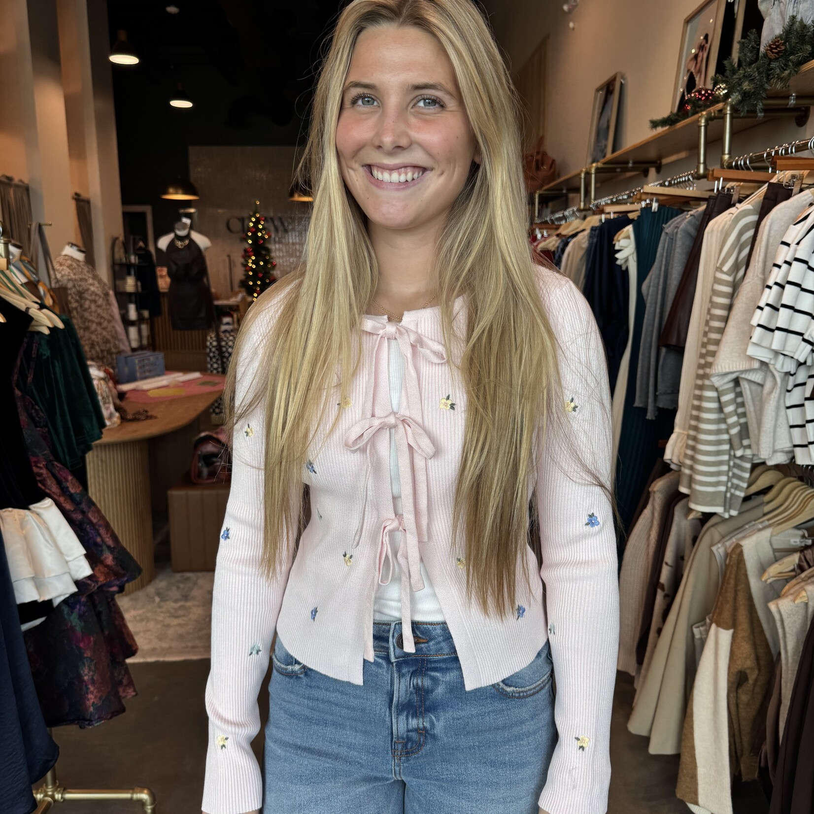 Floral Embroidery Front Tie Sweater