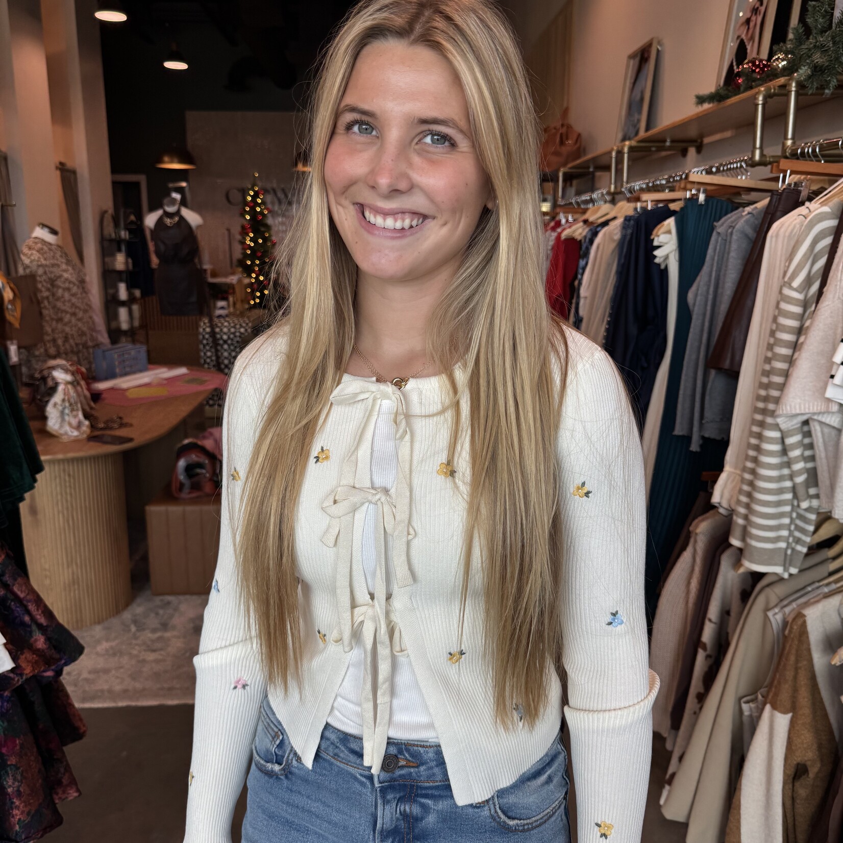 Floral Embroidery Front Tie Sweater