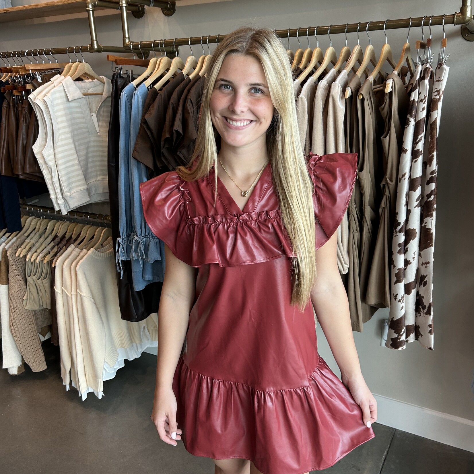 Leather Sleeveless Ruffle Mini