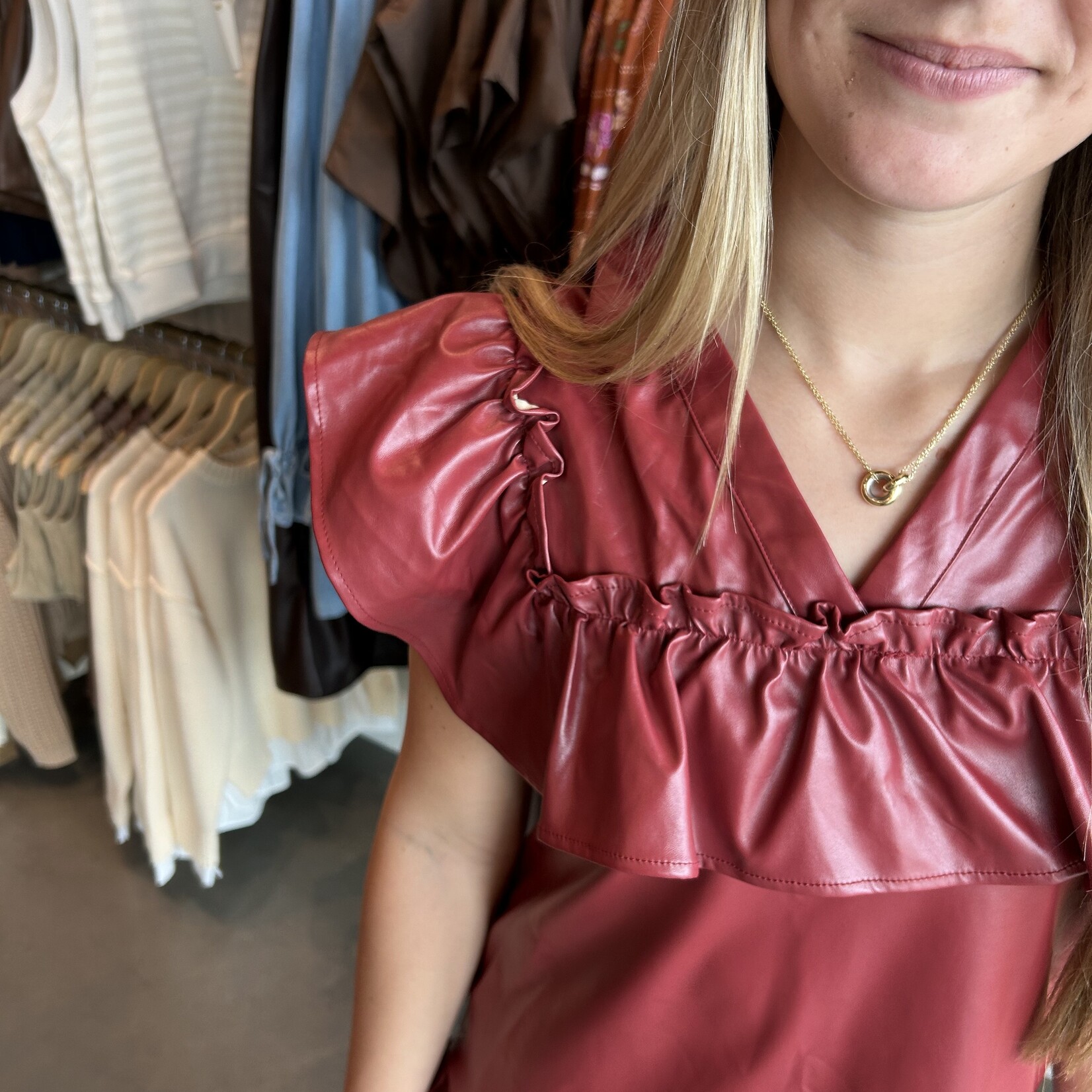 Leather Sleeveless Ruffle Mini