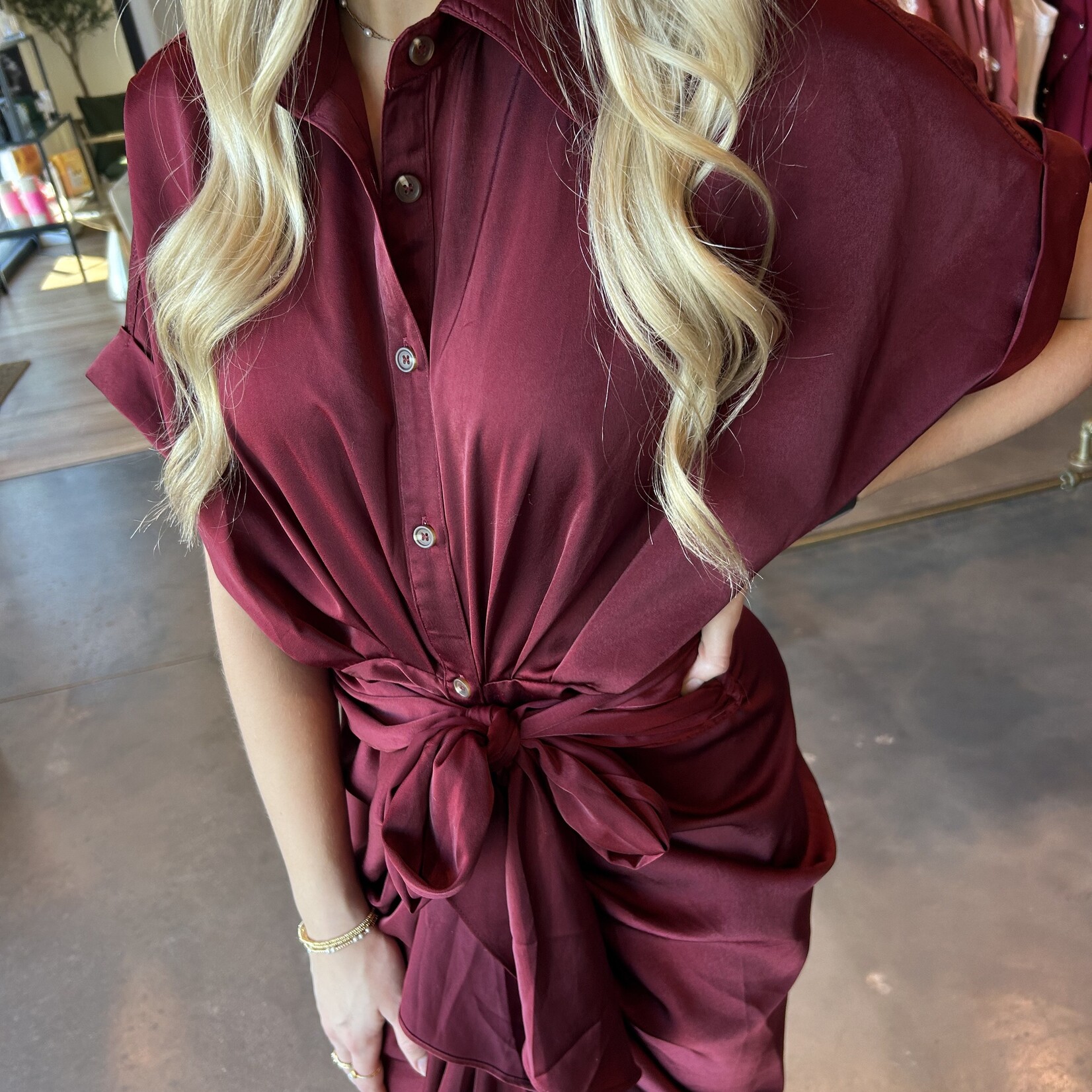 Satin Short Sleeve Midi Dress