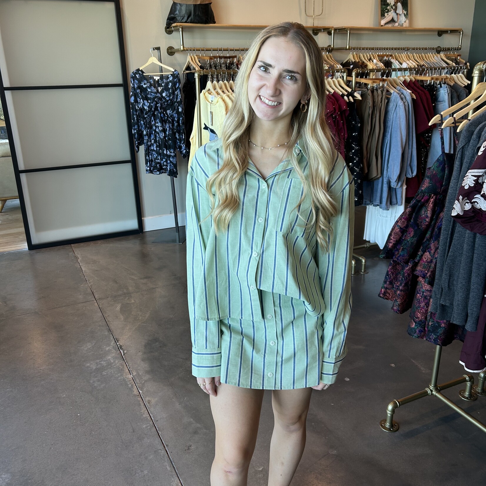 Striped Long Sleeve Button Down Skort Set