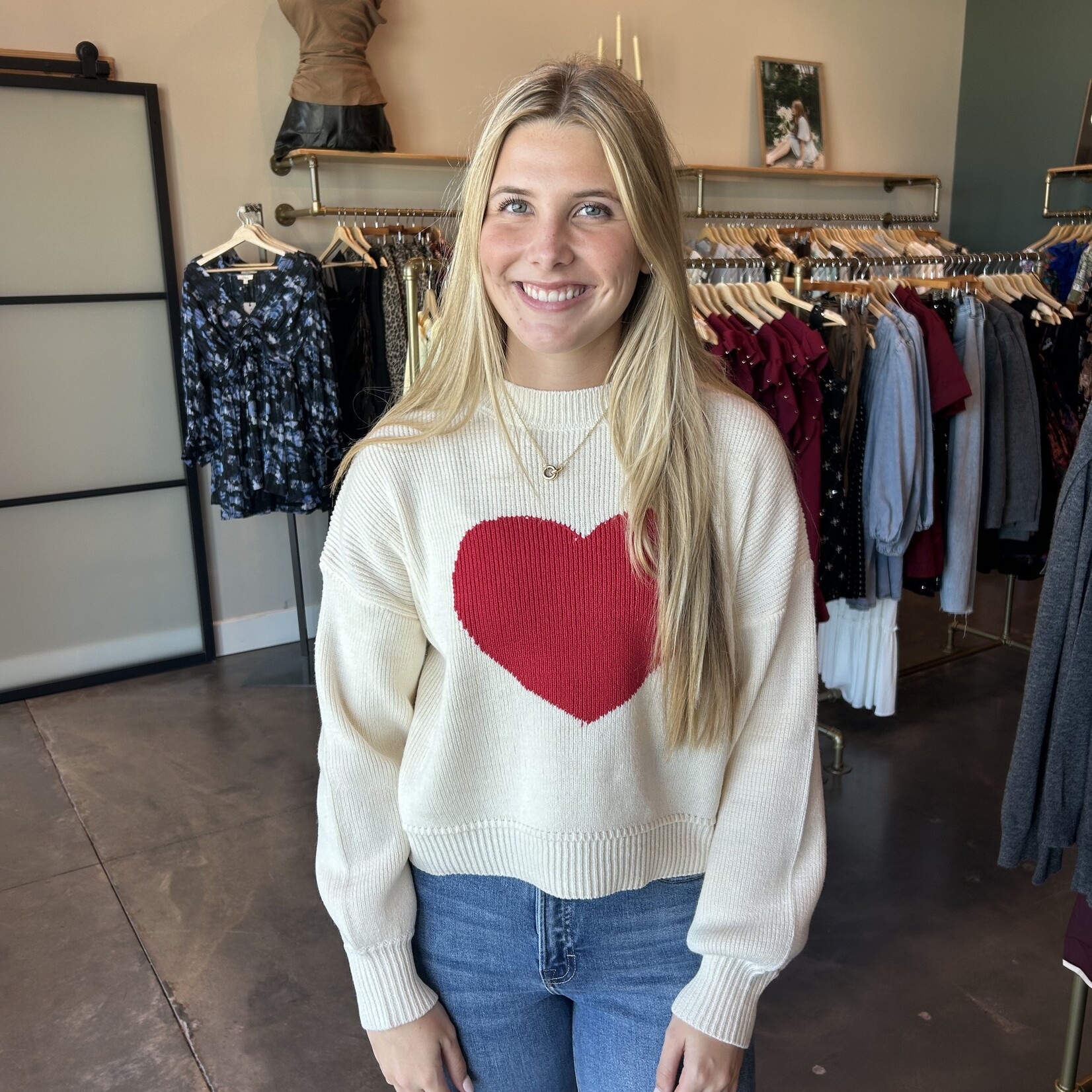 Heart Detail Crew Neck Knit Sweater