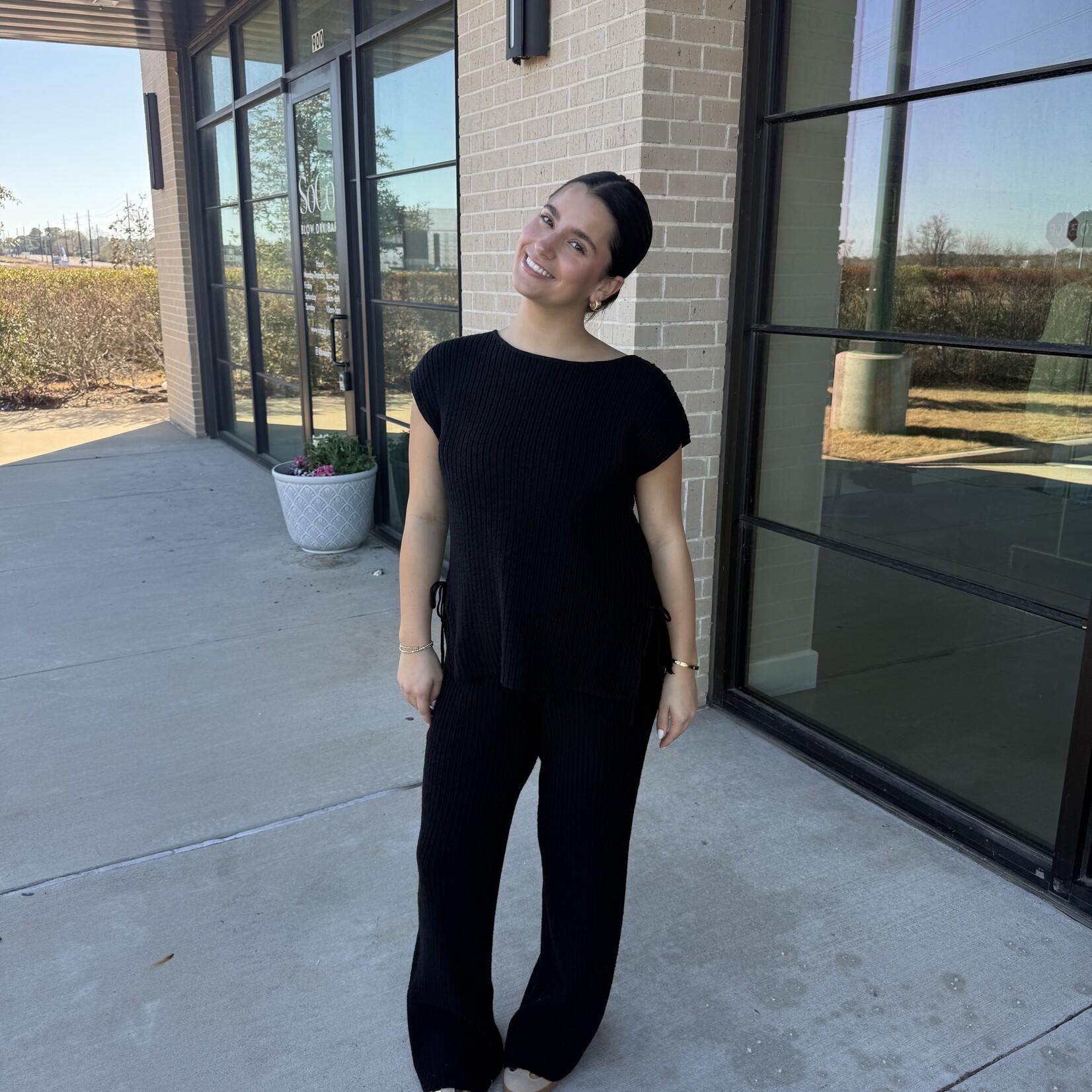 Ribbed Tie Detail Vest and Pants Set