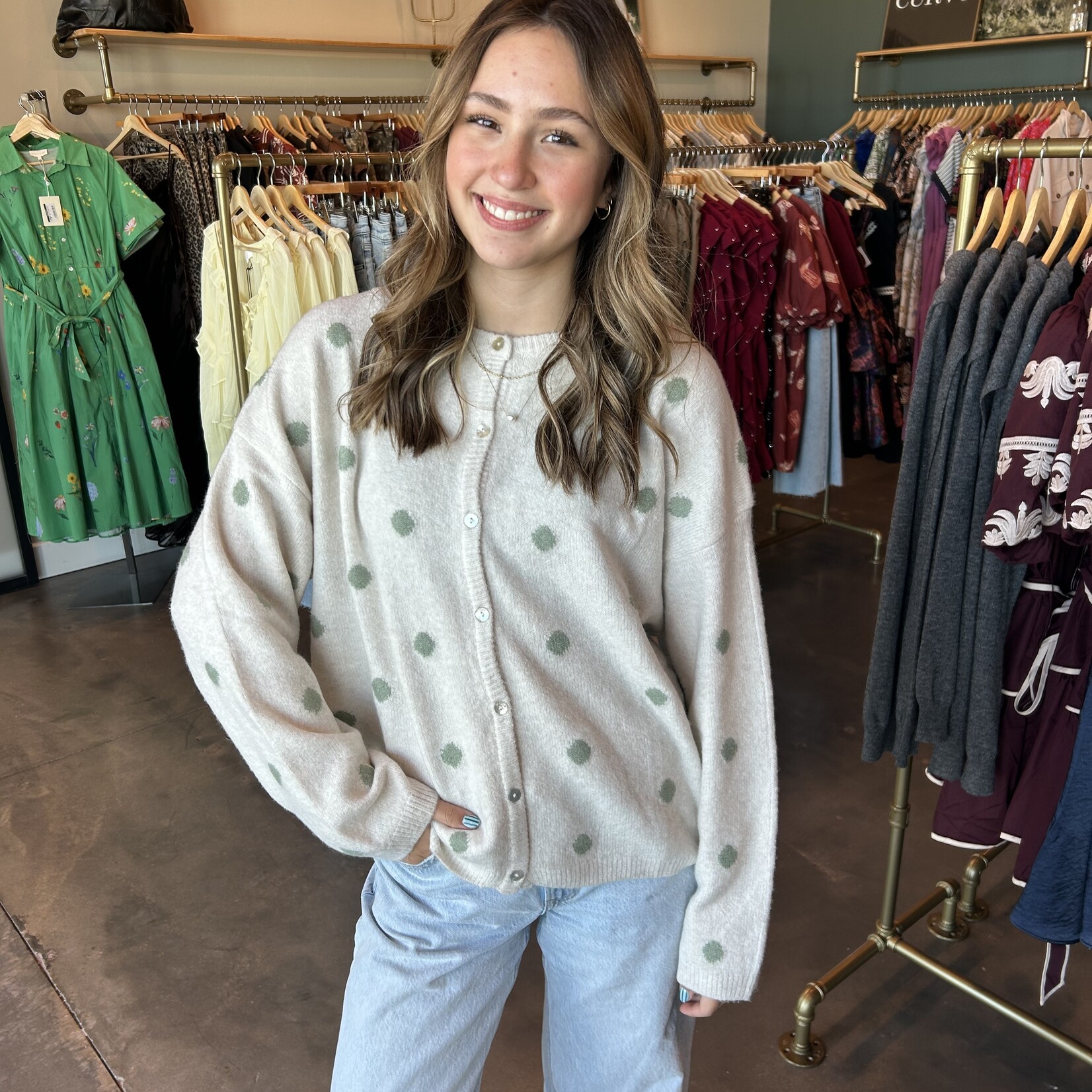 Le Lis Polka Dot Long Sleeve Crew neck Cardigan