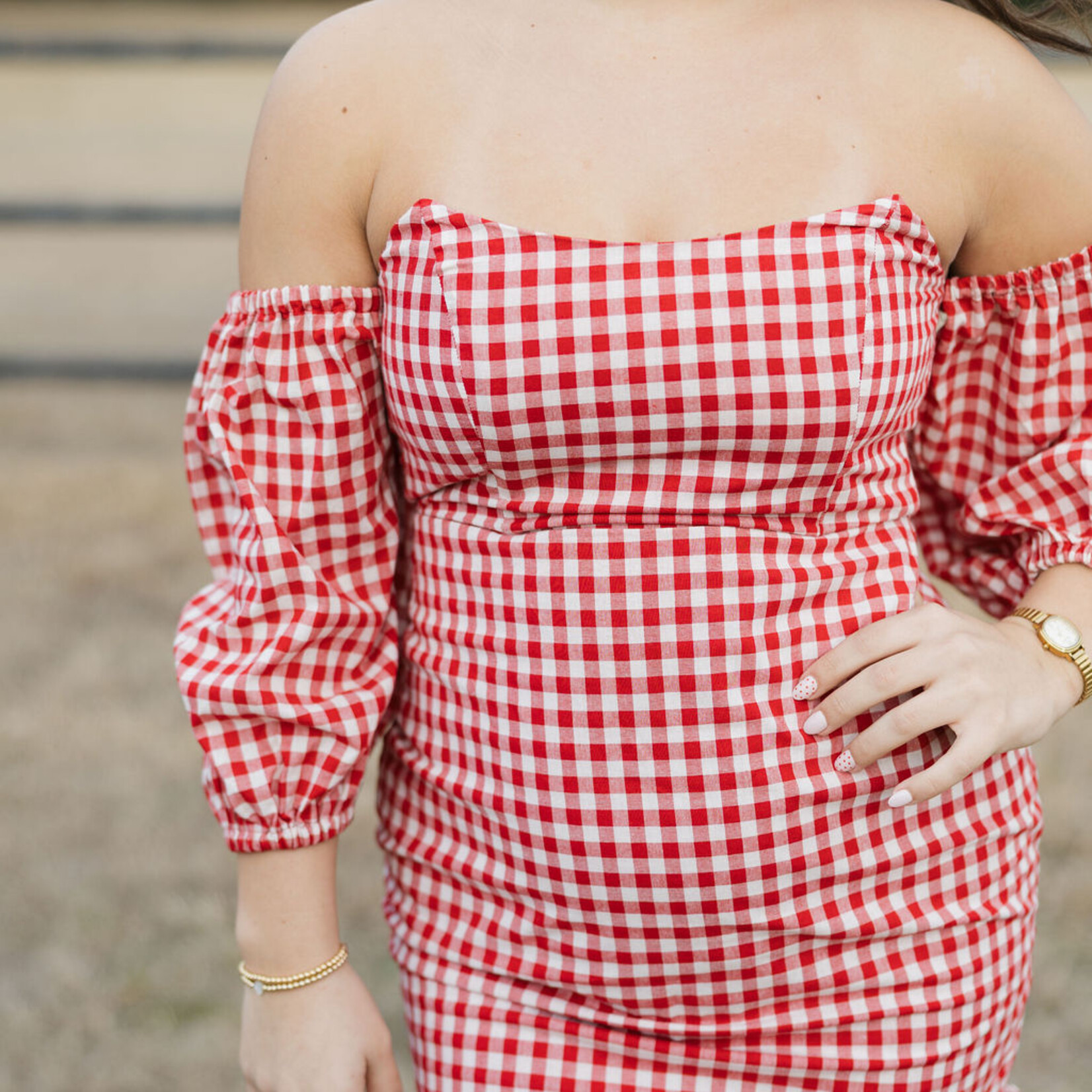 klesis Gingham Off Shoulder Puff Sleeve Mini Dress