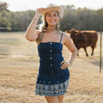 klesis Sleeveless Embroidered Hem Denim Mini Dress