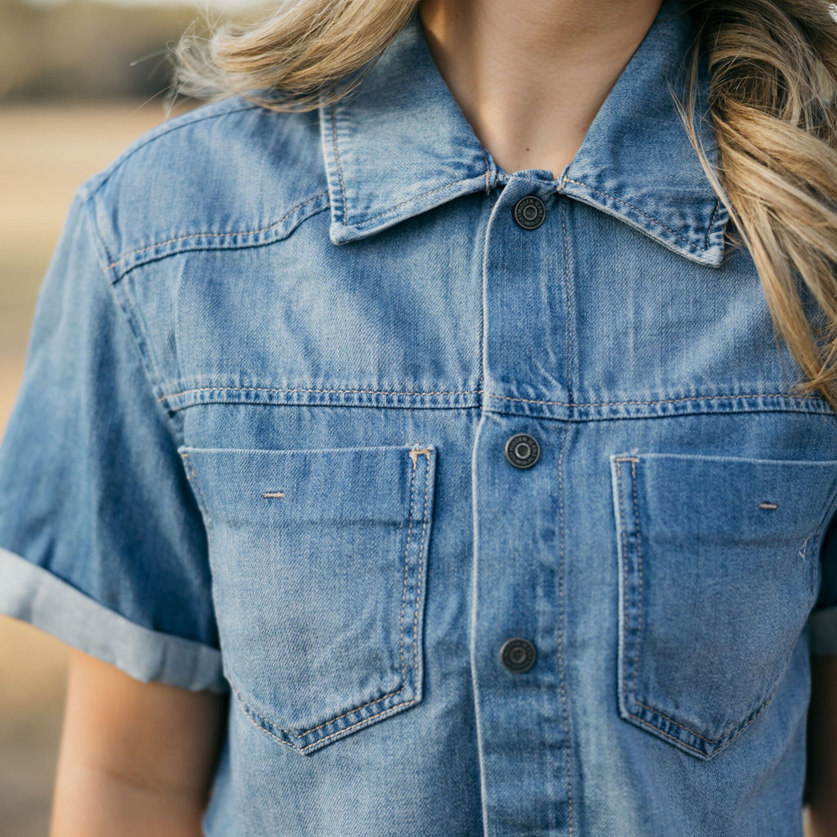 hidden Cropped Denim Button Down Top