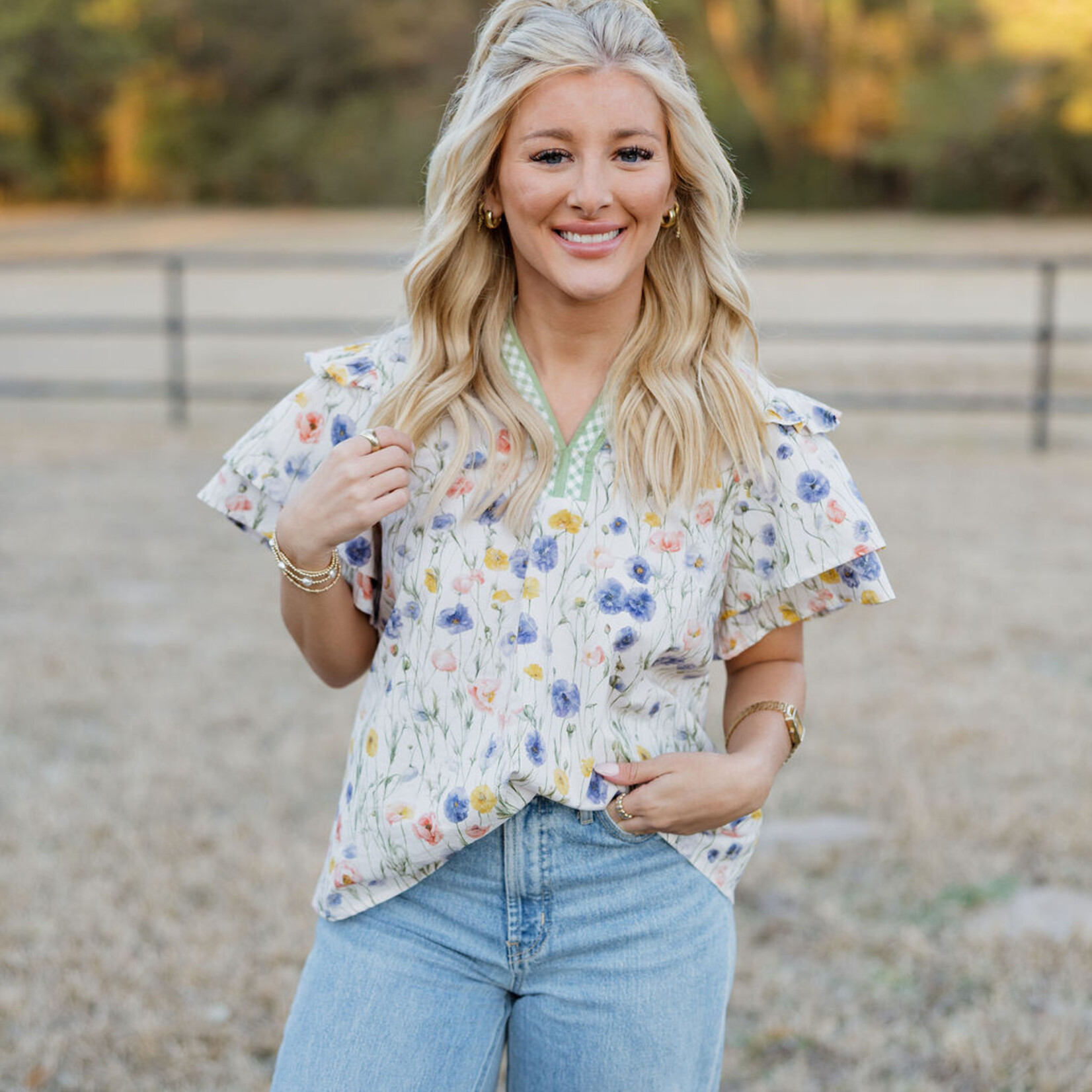 entro Plaid Trim Floral Top