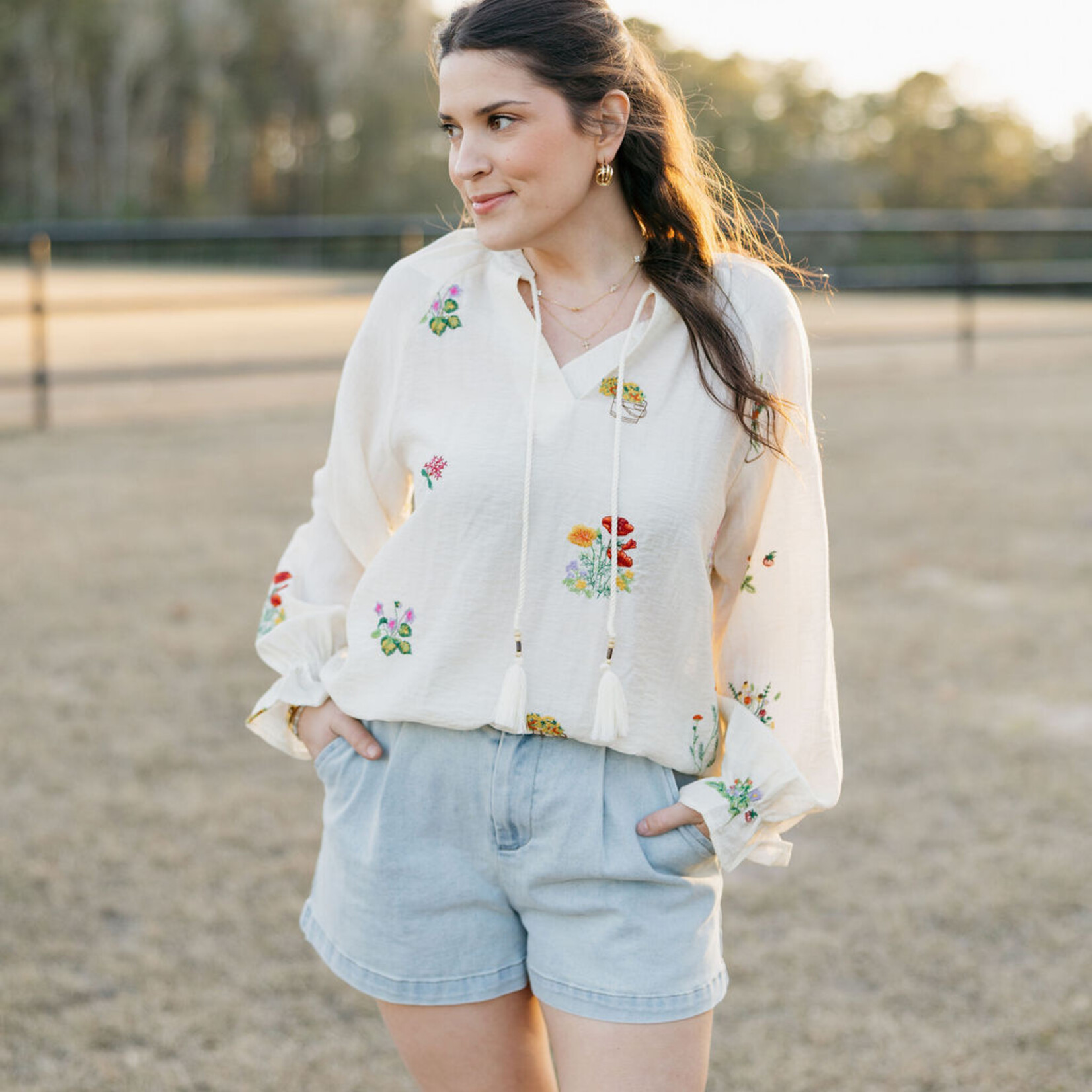 entro Embroidered Floral Long Sleeve Blouse