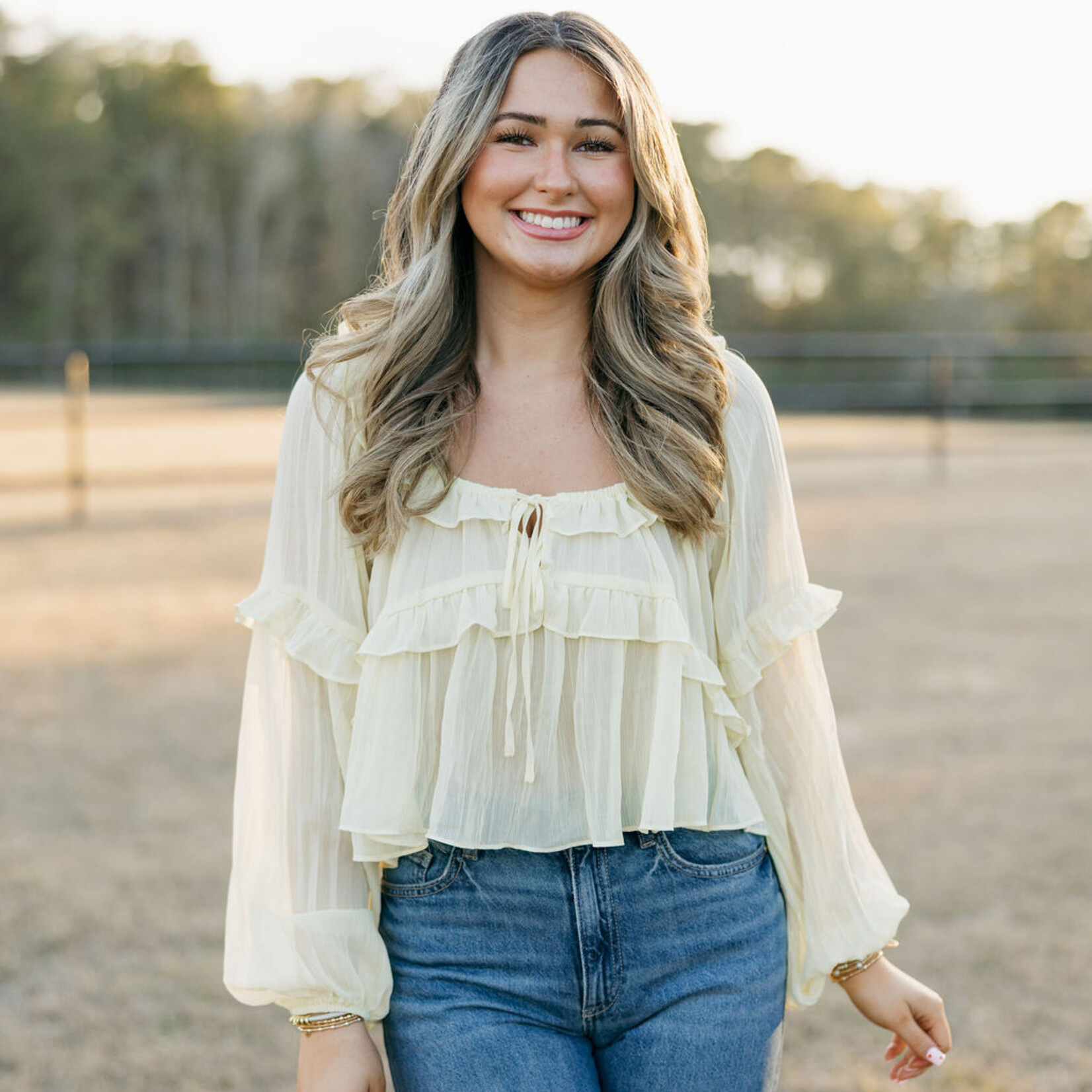 Le Lis Scoop Neck Ruffle Detail Sheer Top